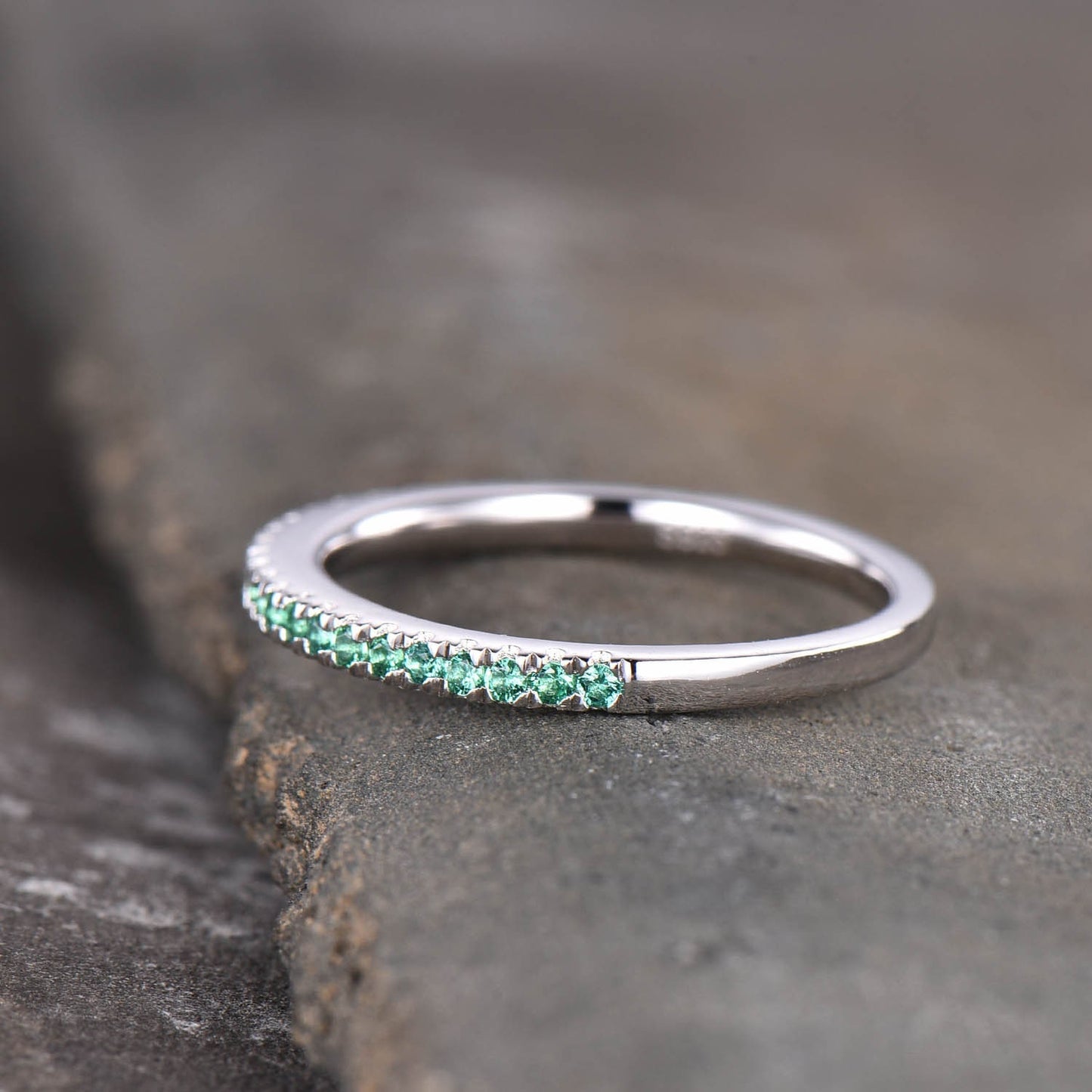 Half Eternity Emerald Band, Emerald Wedding Band, May Birthstone Ring, Dainty Stacking Ring, Silver Rings, Emerald Gold Ring, Gift for her