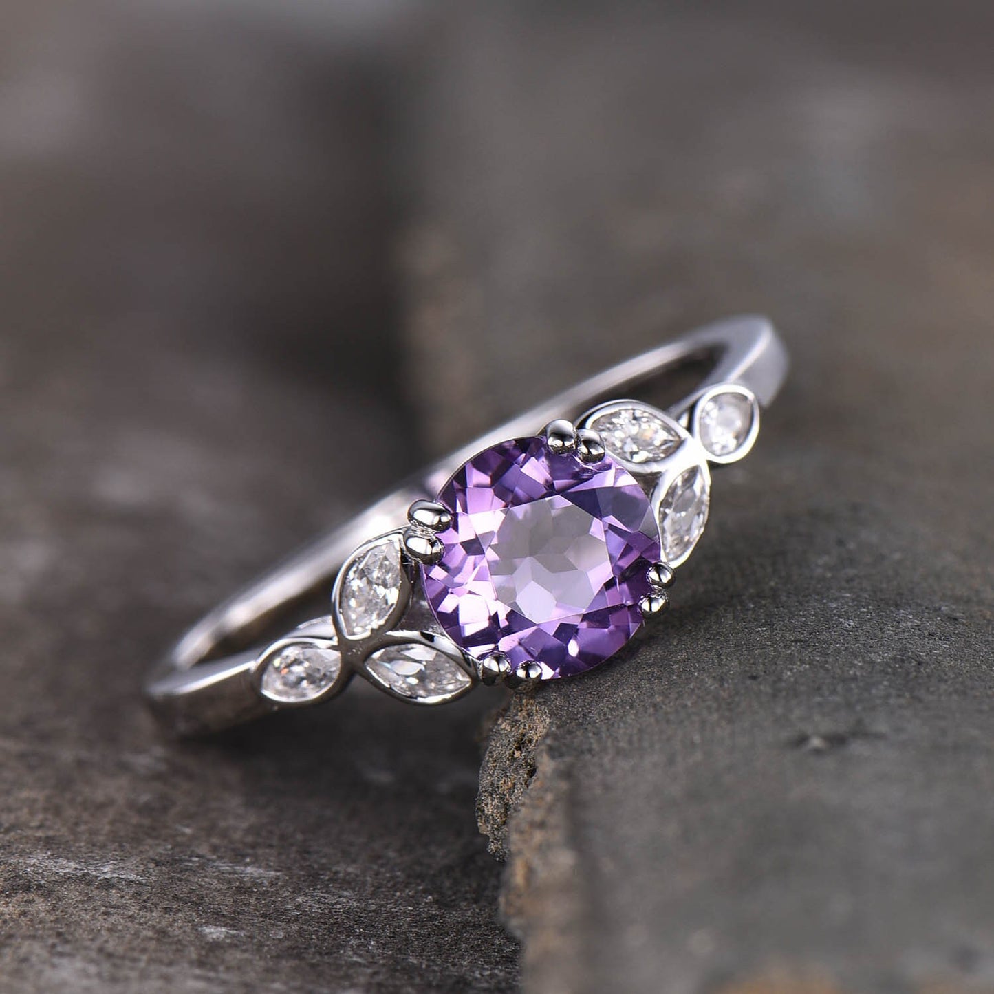 Amethyst Ring, February Birthstone, Amethyst Engagement Ring, Silver Ring, Amethyst Jewelry, Gemstone Ring, 14K White Gold