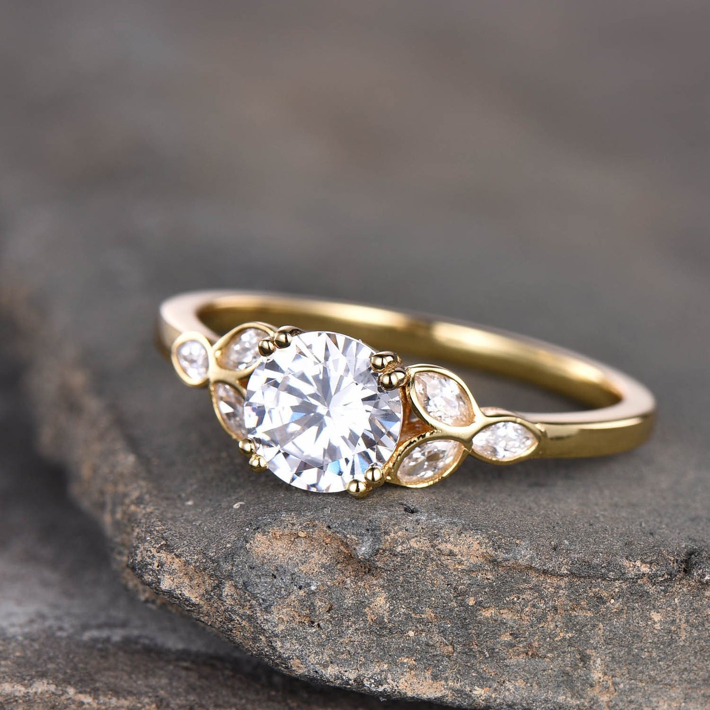 Sterling silver ring/Round cut Cubic Zirconia engagement ring/CZ wedding ring/Three flower marquise/promise ring/Xmas gift/Rose gold plated