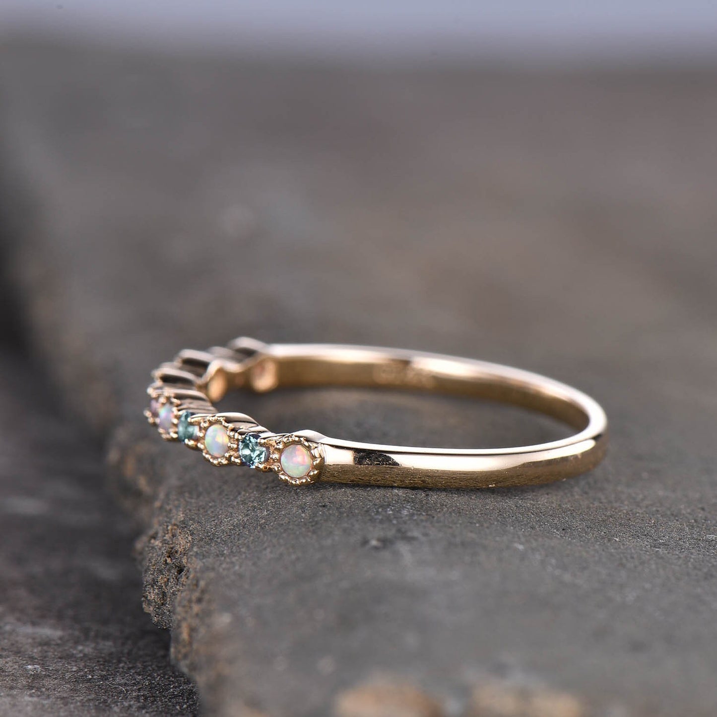 Alexandrite Opal Ring, Opal Wedding Ring, Gemstone Band, Unique Wedding Band, Stacking Ring, Gold Ring, Anniversary Gift