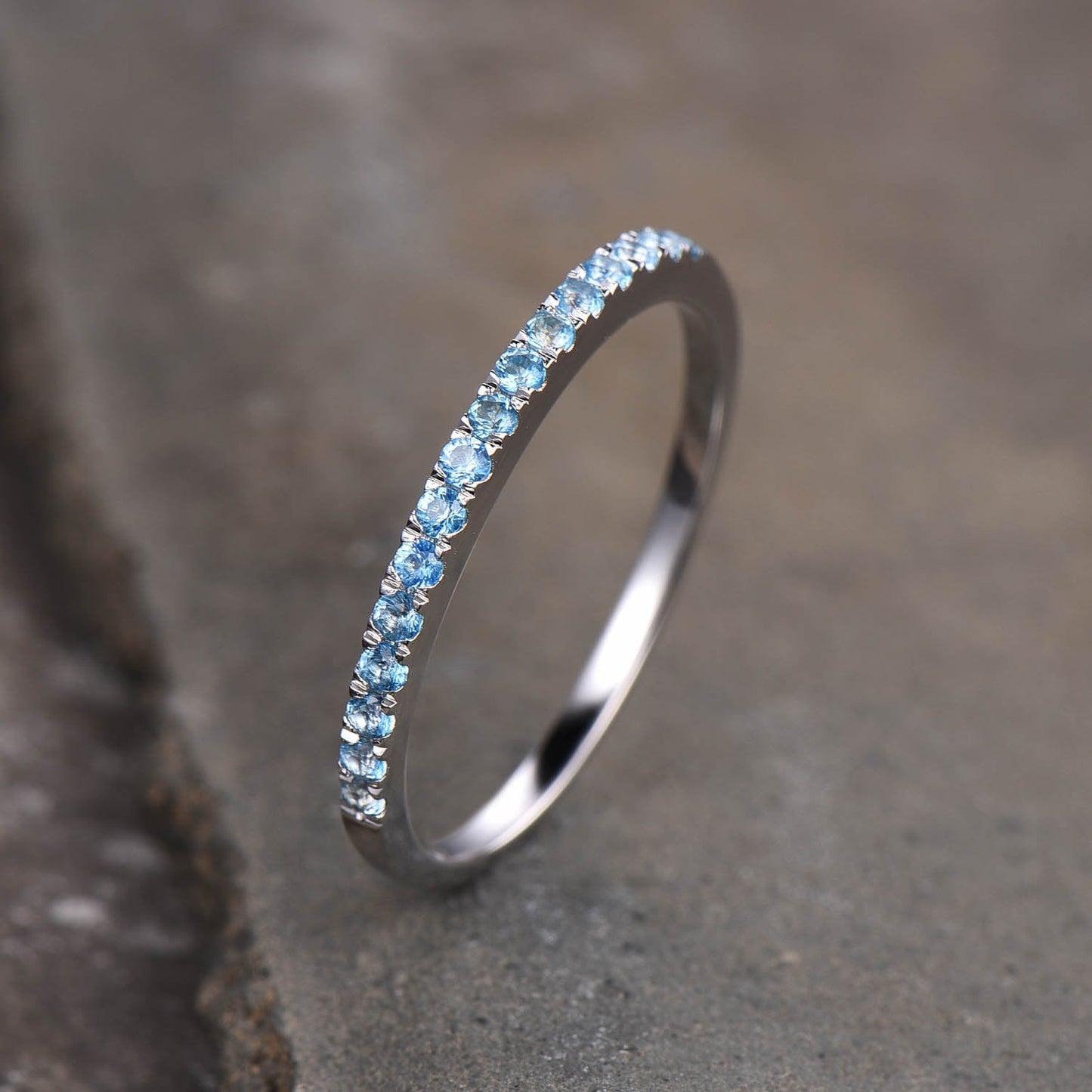 Half Eternity Blue Topaz Ring, Topaz Wedding Band, Blue Gemstone Ring, Sterling Silver Ring, Wedding Ring, December Birthstone, Gold Ring