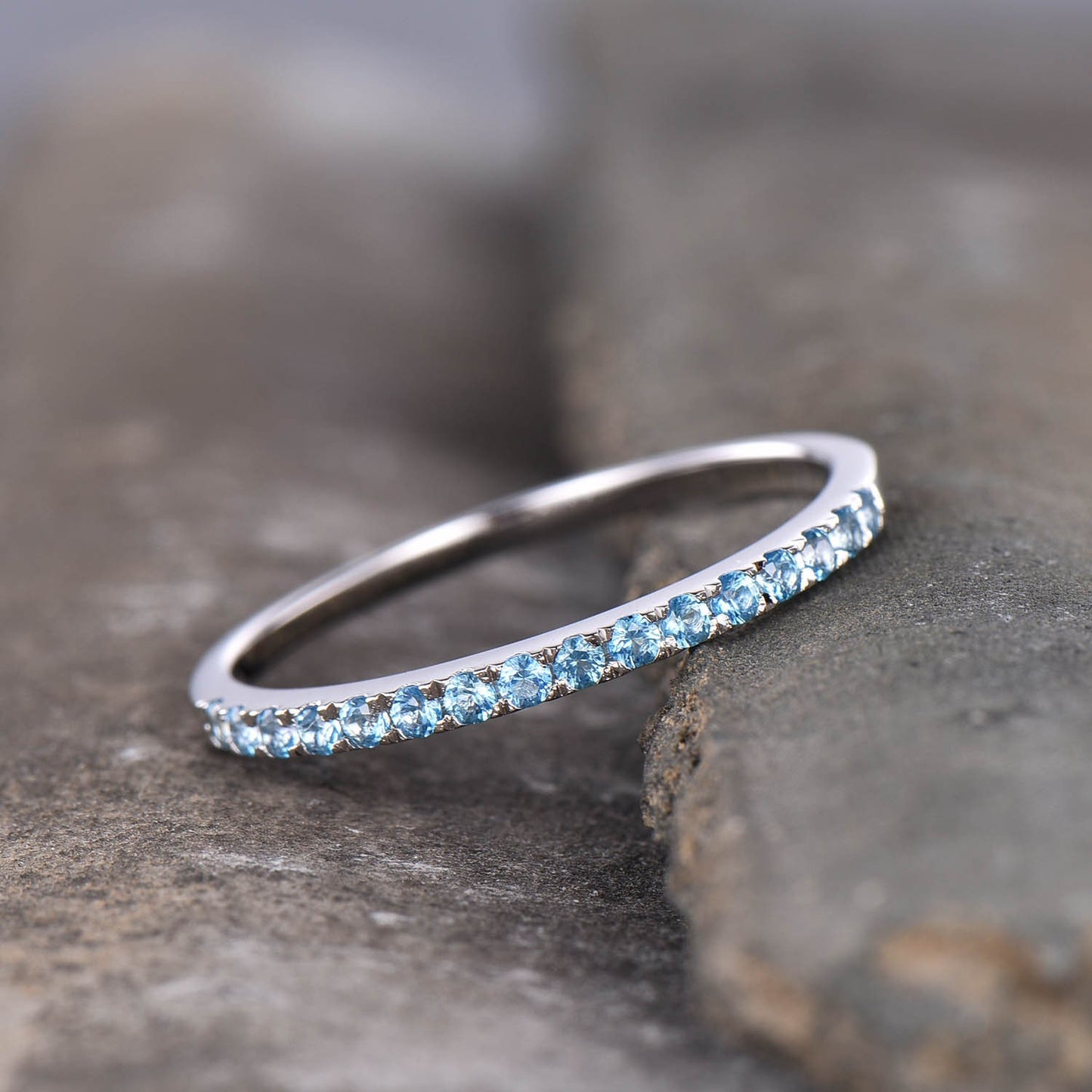 Half Eternity Blue Topaz Ring, Topaz Wedding Band, Blue Gemstone Ring, Sterling Silver Ring, Wedding Ring, December Birthstone, Gold Ring