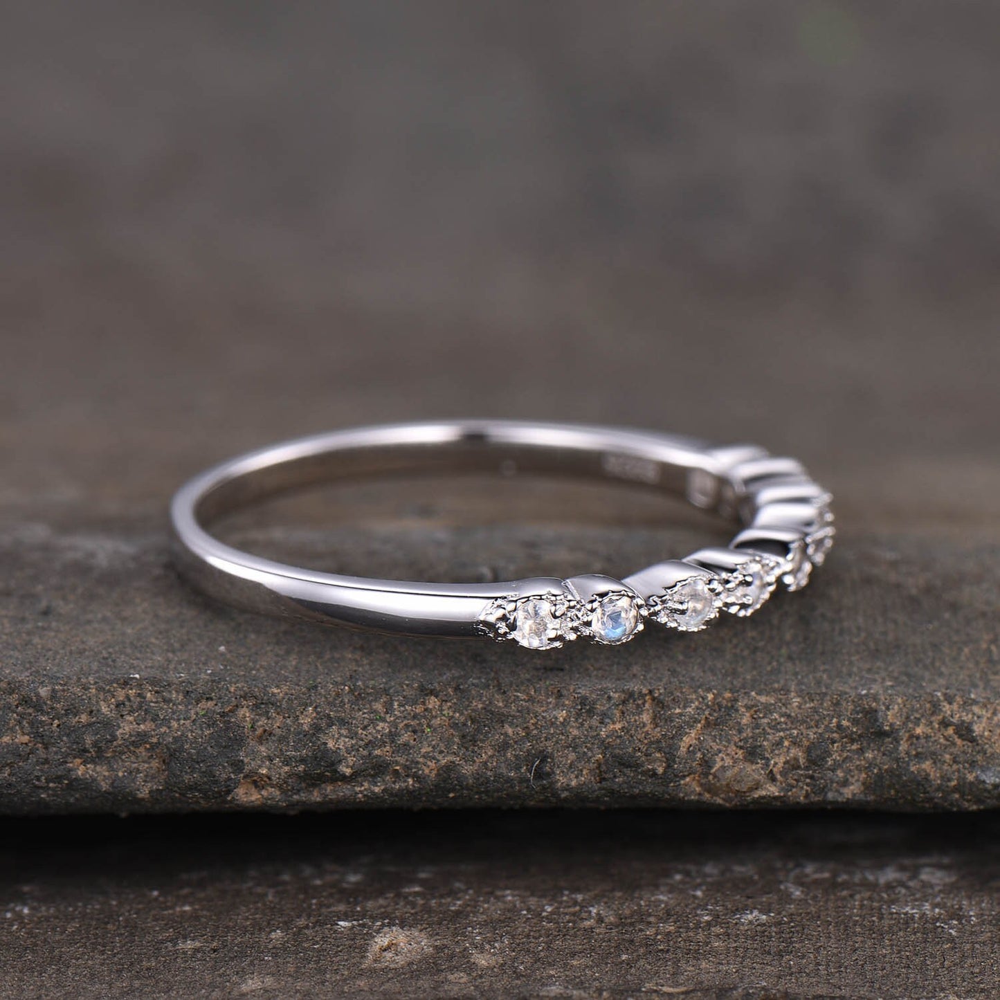 Dainty Moonstone Ring, Rainbow Moonstone Wedding Band, Genuine Gemstone, Stacking Ring, Delicate Ring Rose Gold, Half Eternity Band