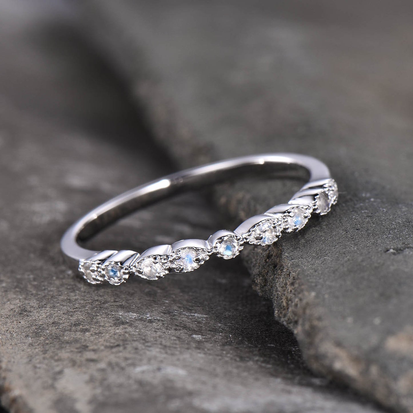 Dainty Moonstone Ring, Rainbow Moonstone Wedding Band, Genuine Gemstone, Stacking Ring, Delicate Ring Rose Gold, Half Eternity Band