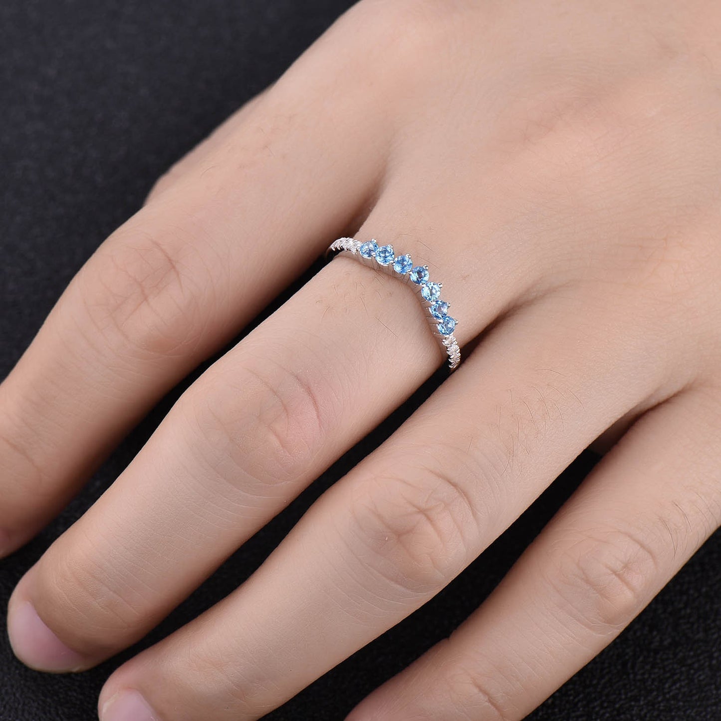 Blue topaz ring, wedding ring, Curved stacking ring, Matching band, Gemstone band, Silver ring, Stackable, December birthstone