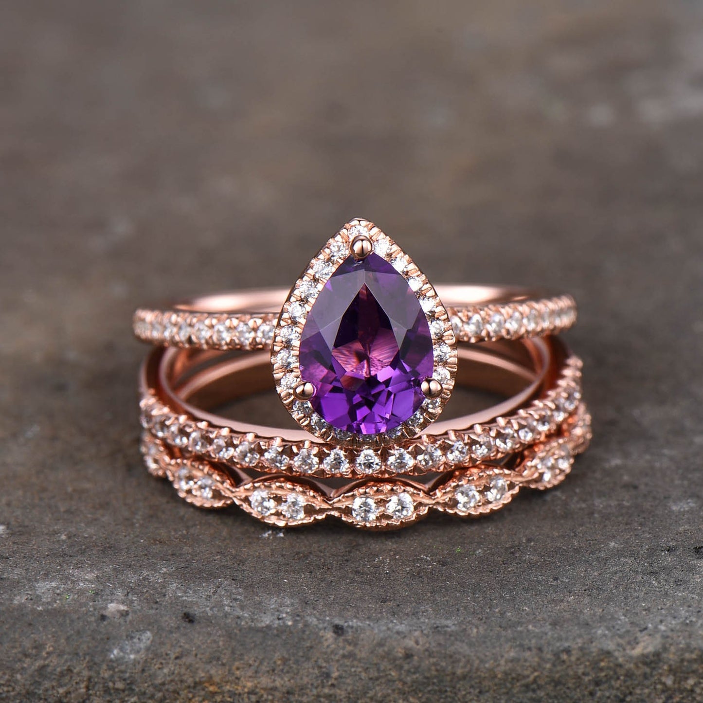 Amethyst Wedding Ring Set, Pear Amethyst Engagement Ring, Stacking Bands, February Birthstone Ring, Rose Gold Plated, Bridal Set
