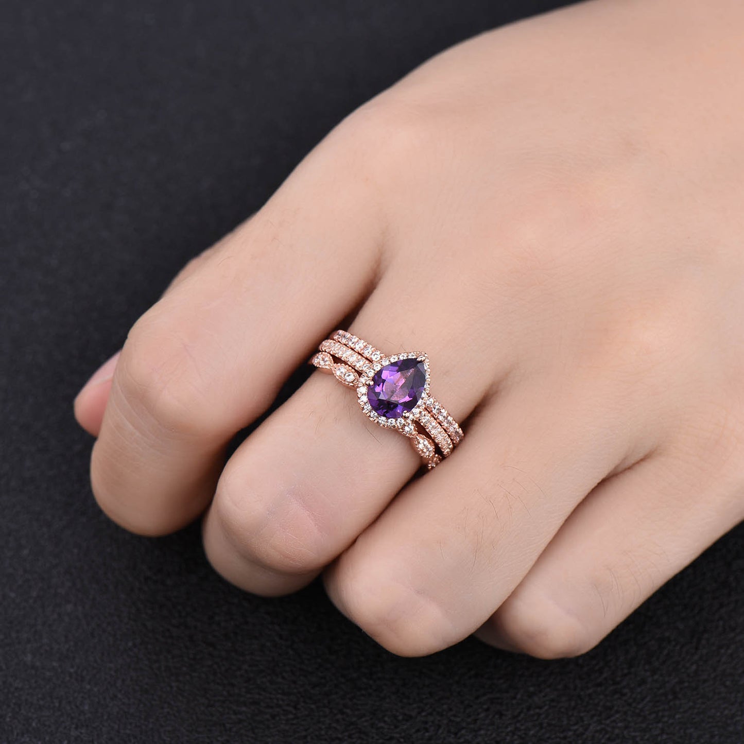 Amethyst Wedding Ring Set, Pear Amethyst Engagement Ring, Stacking Bands, February Birthstone Ring, Rose Gold Plated, Bridal Set