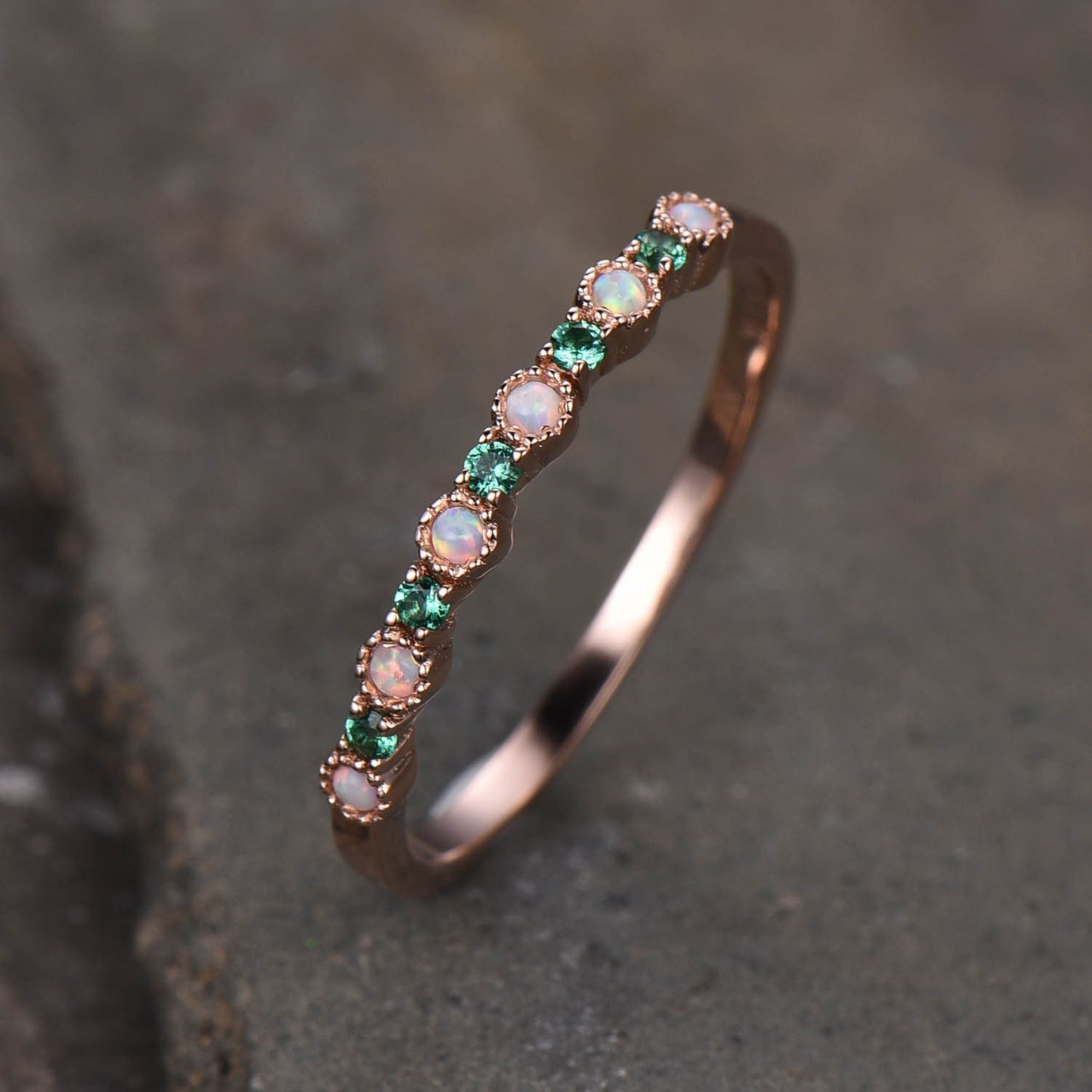 Emerald Opal Wedding Band Sterling Silver Emerald Wedding Ring Opal Band Art Deco Stacking Matching Band Anniversary Ring Gift for her