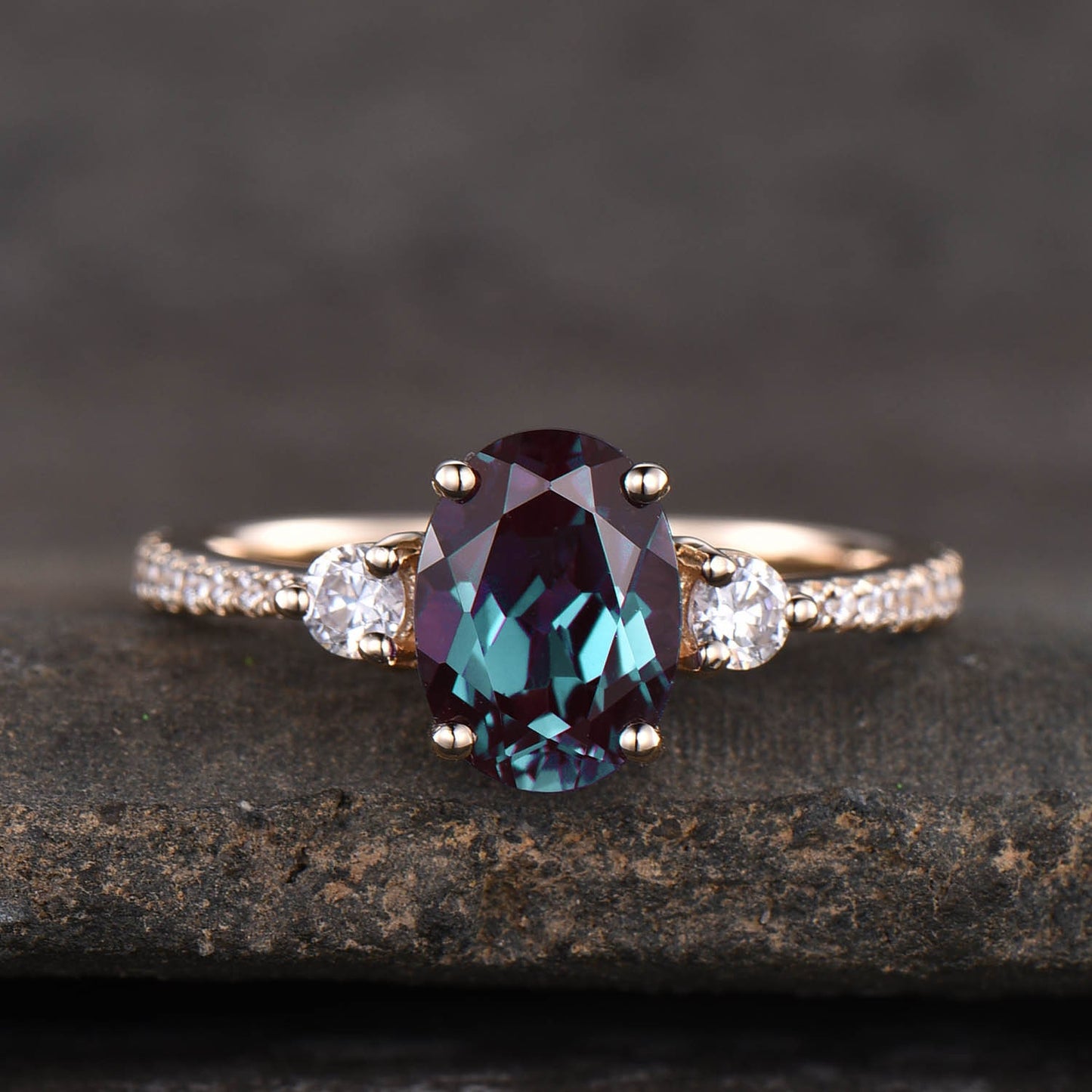 Oval Alexandrite Ring, Alexandrite Man Made Diamond Three Stone Engagement Ring, 14K Gold Ring, Alexandrite Engagement Ring, Silver Rings