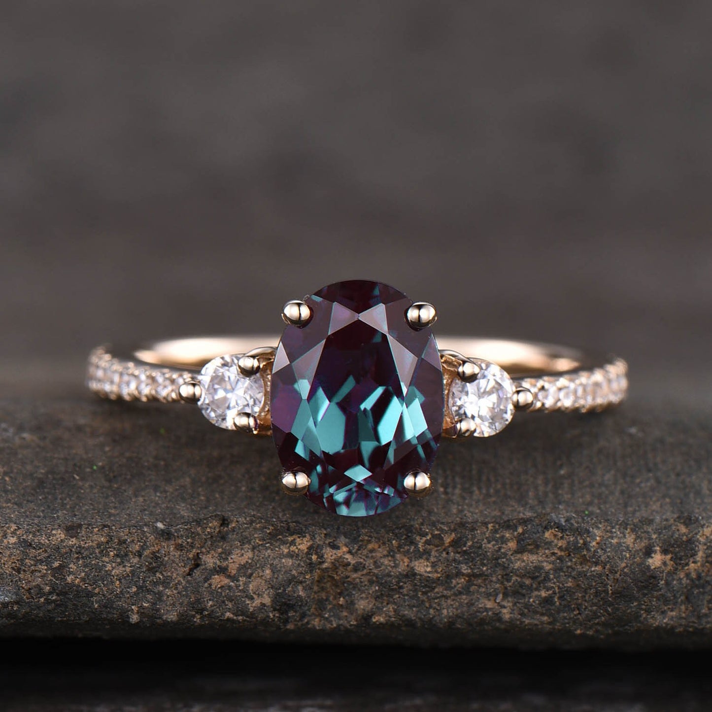 Alexandrite Ring, Oval Alexandrite Engagement Ring, Three Stone Design, June Birthstone Ring, Promise Ring, Anniversary Ring
