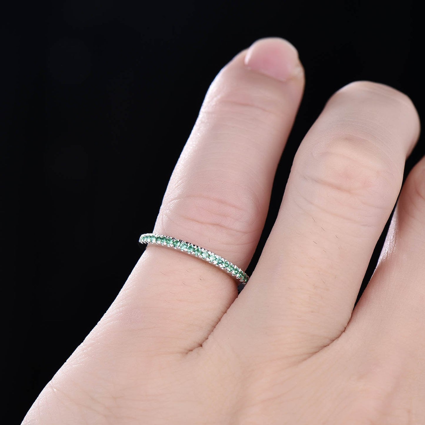 Half Eternity Emerald Band, Emerald Wedding Band, May Birthstone Ring, Dainty Stacking Ring, Silver Rings, Emerald Gold Ring, Gift for her