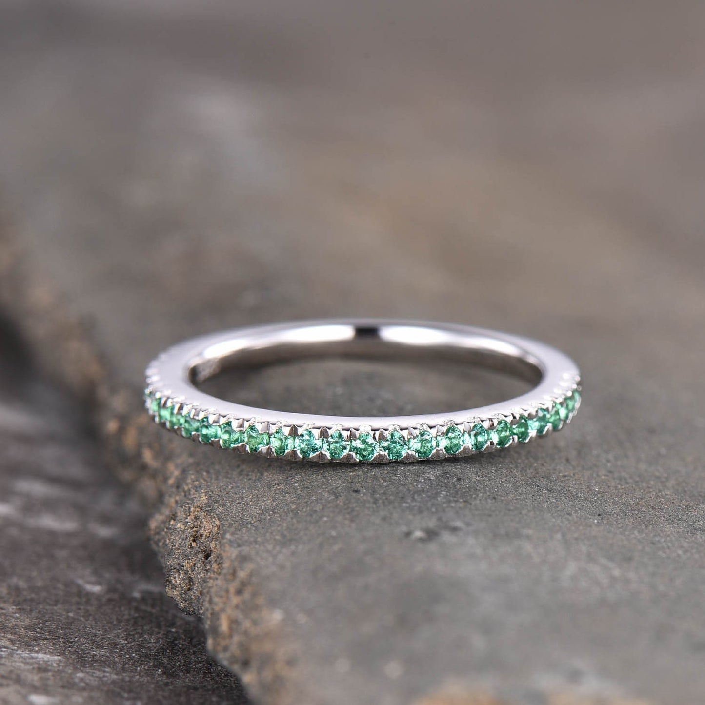 Half Eternity Emerald Band, Emerald Wedding Band, May Birthstone Ring, Dainty Stacking Ring, Silver Rings, Emerald Gold Ring, Gift for her