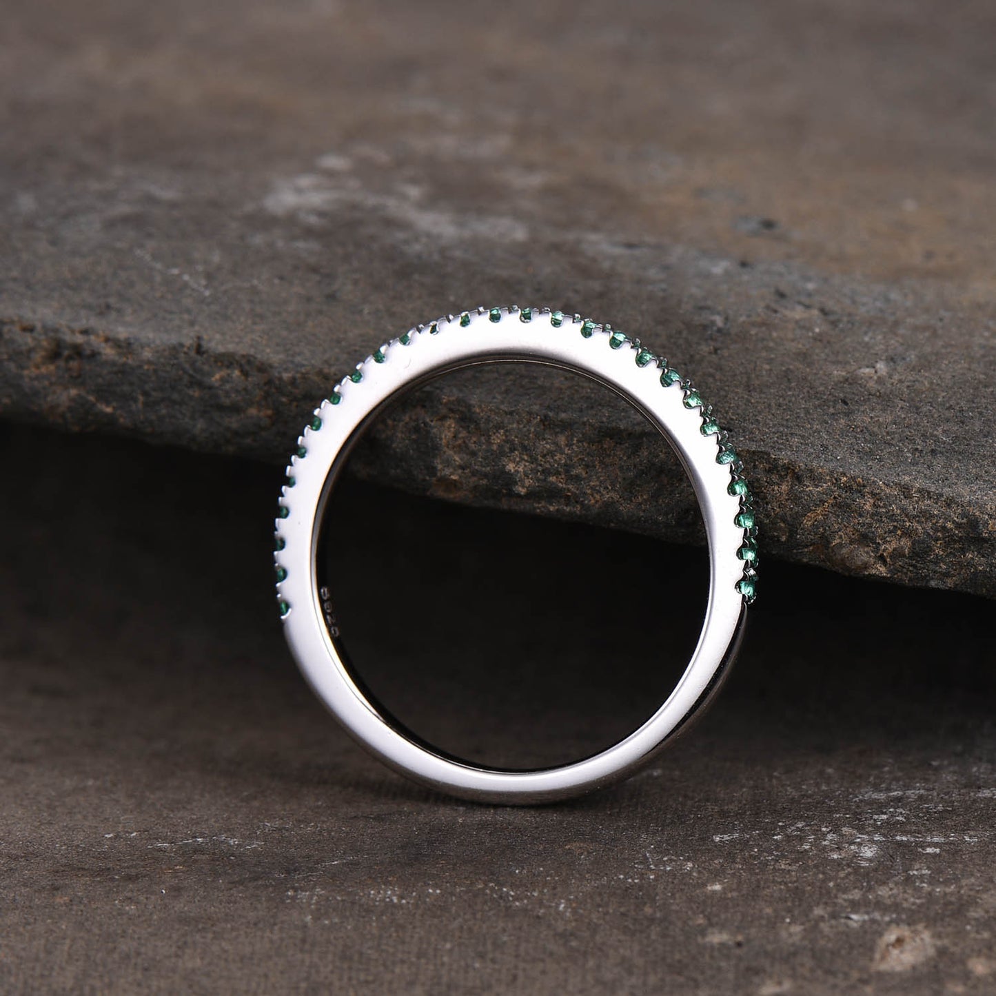 Half Eternity Emerald Band, Emerald Wedding Band, May Birthstone Ring, Dainty Stacking Ring, Silver Rings, Emerald Gold Ring, Gift for her