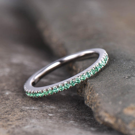 Half Eternity Emerald Band, Emerald Wedding Band, May Birthstone Ring, Dainty Stacking Ring, Silver Rings, Emerald Gold Ring, Gift for her