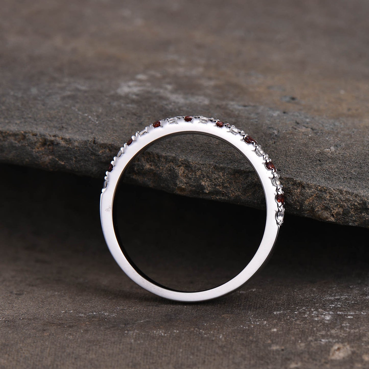 Moonstone Garnet Wedding Ring, Half Eternity Band, Garnet Silver Ring, Two Birthstone Ring, Dainty Ring, Anniversary Ring