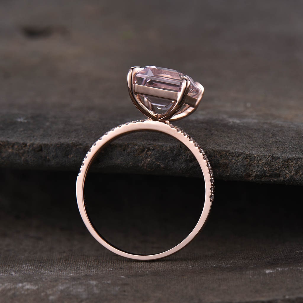Rose Gold Morganite Ring, Emerald Cut Solitaire Morganite Engagement Ring, Wedding Ring, Statement Ring, Peach Morganite, Promise Ring