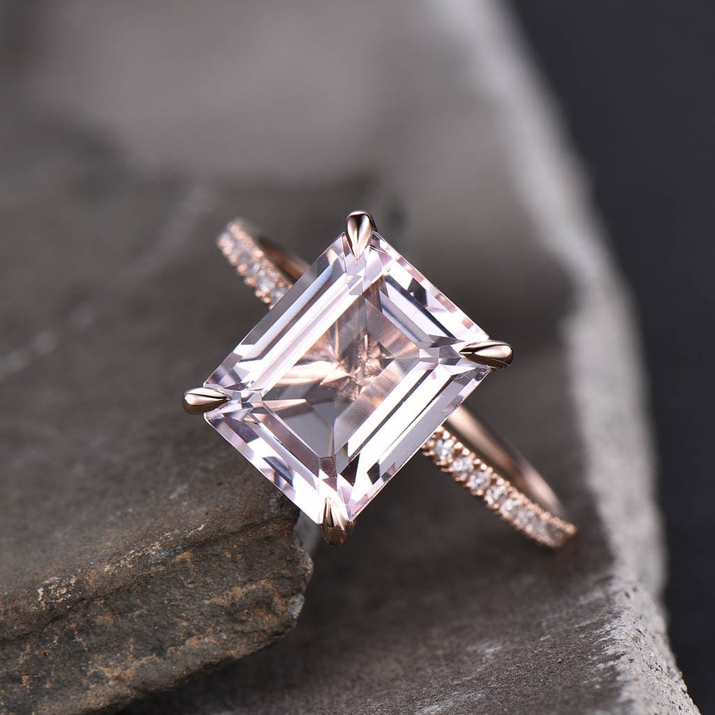 Rose Gold Morganite Ring, Emerald Cut Solitaire Morganite Engagement Ring, Wedding Ring, Statement Ring, Peach Morganite, Promise Ring