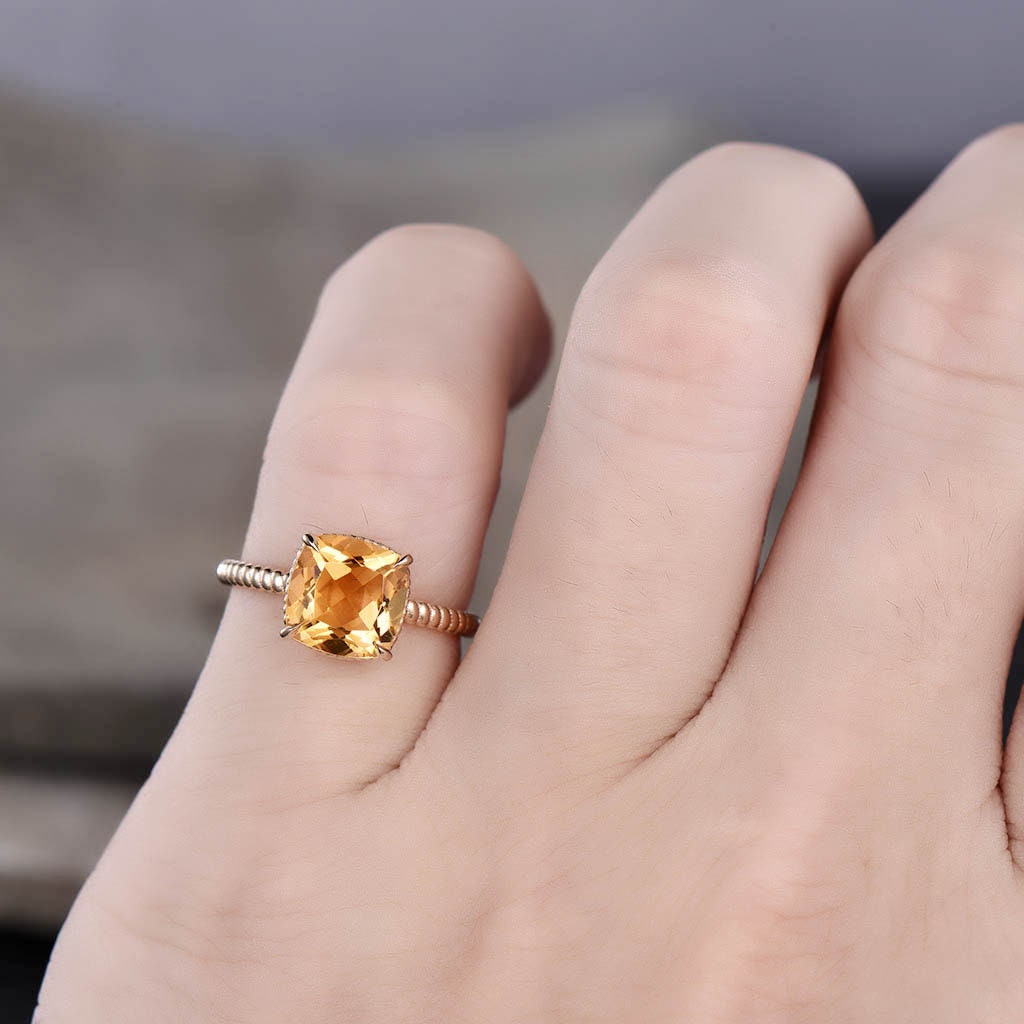 Gold Citrine Ring, Citrine Engagement Ring, Gemstone Ring, November Birthstone, Citrine Jewelry, Twist Band Ring, Promise Gift for Women