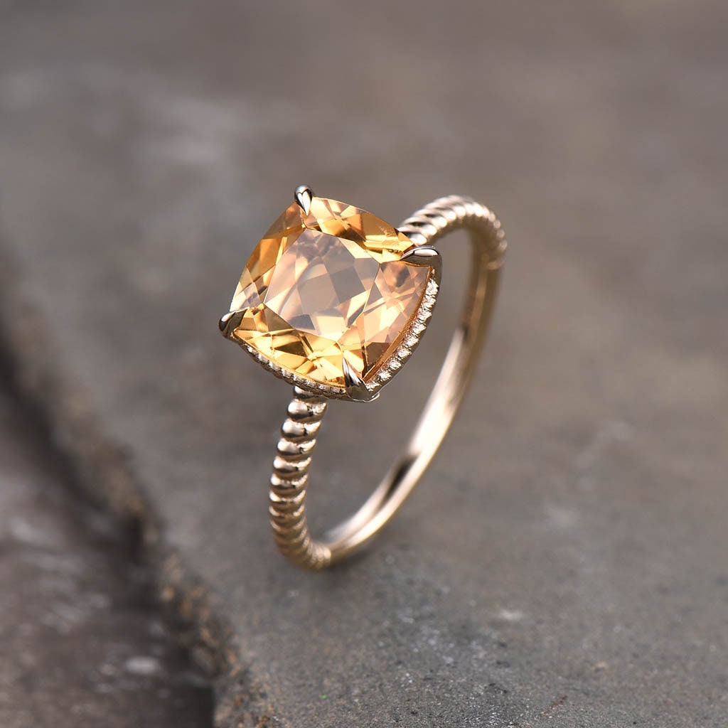 Gold Citrine Ring, Citrine Engagement Ring, Gemstone Ring, November Birthstone, Citrine Jewelry, Twist Band Ring, Promise Gift for Women