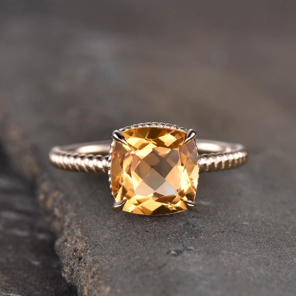 Gold Citrine Ring, Citrine Engagement Ring, Gemstone Ring, November Birthstone, Citrine Jewelry, Twist Band Ring, Promise Gift for Women