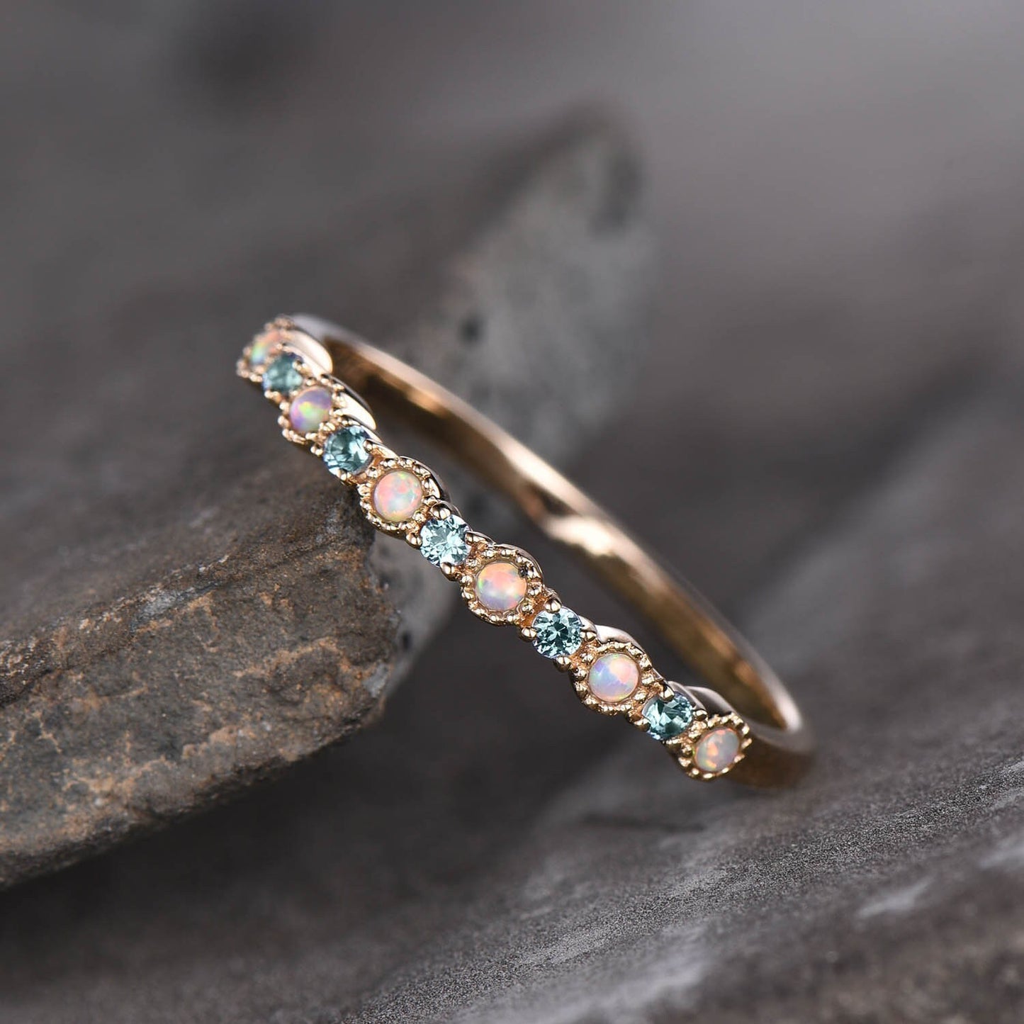 Alexandrite Opal Ring, Opal Wedding Ring, Gemstone Band, Unique Wedding Band, Stacking Ring, Gold Ring, Anniversary Gift