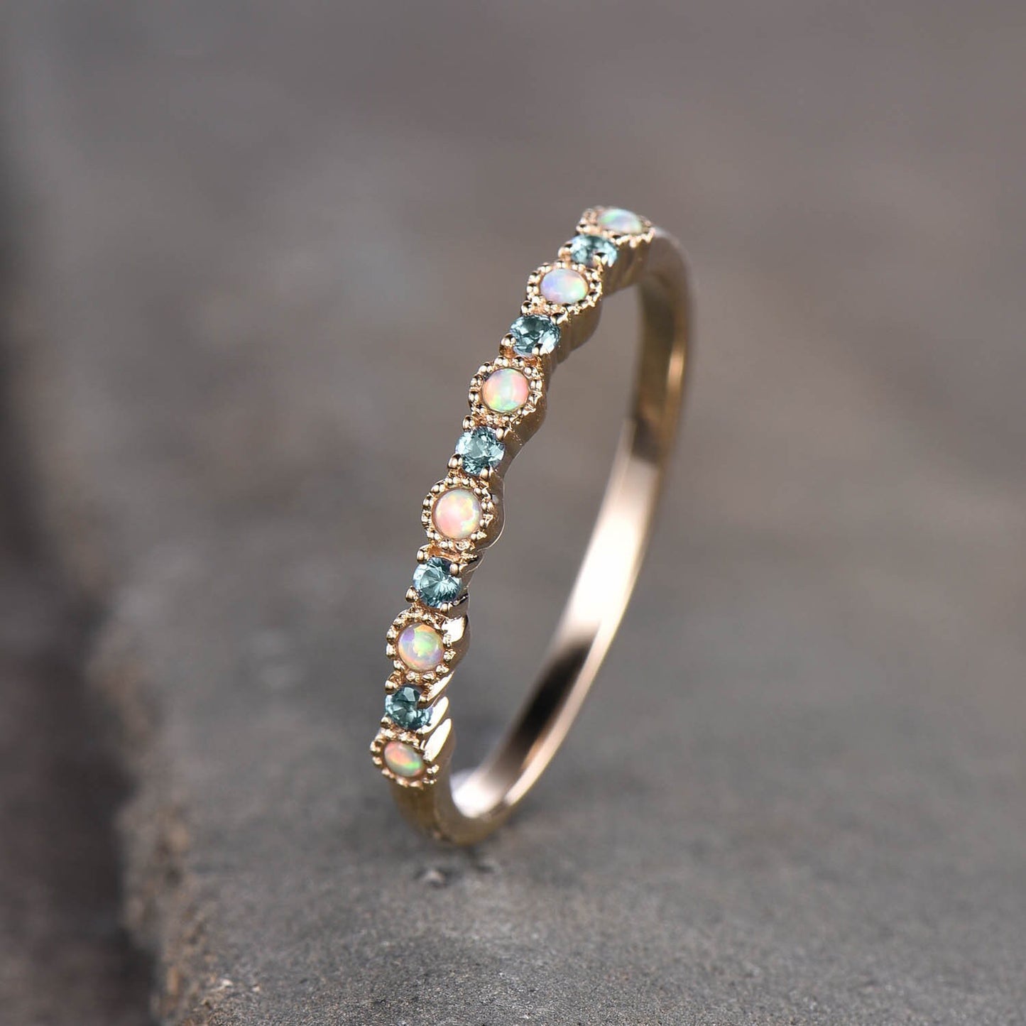 Alexandrite Opal Ring, Opal Wedding Ring, Gemstone Band, Unique Wedding Band, Stacking Ring, Gold Ring, Anniversary Gift
