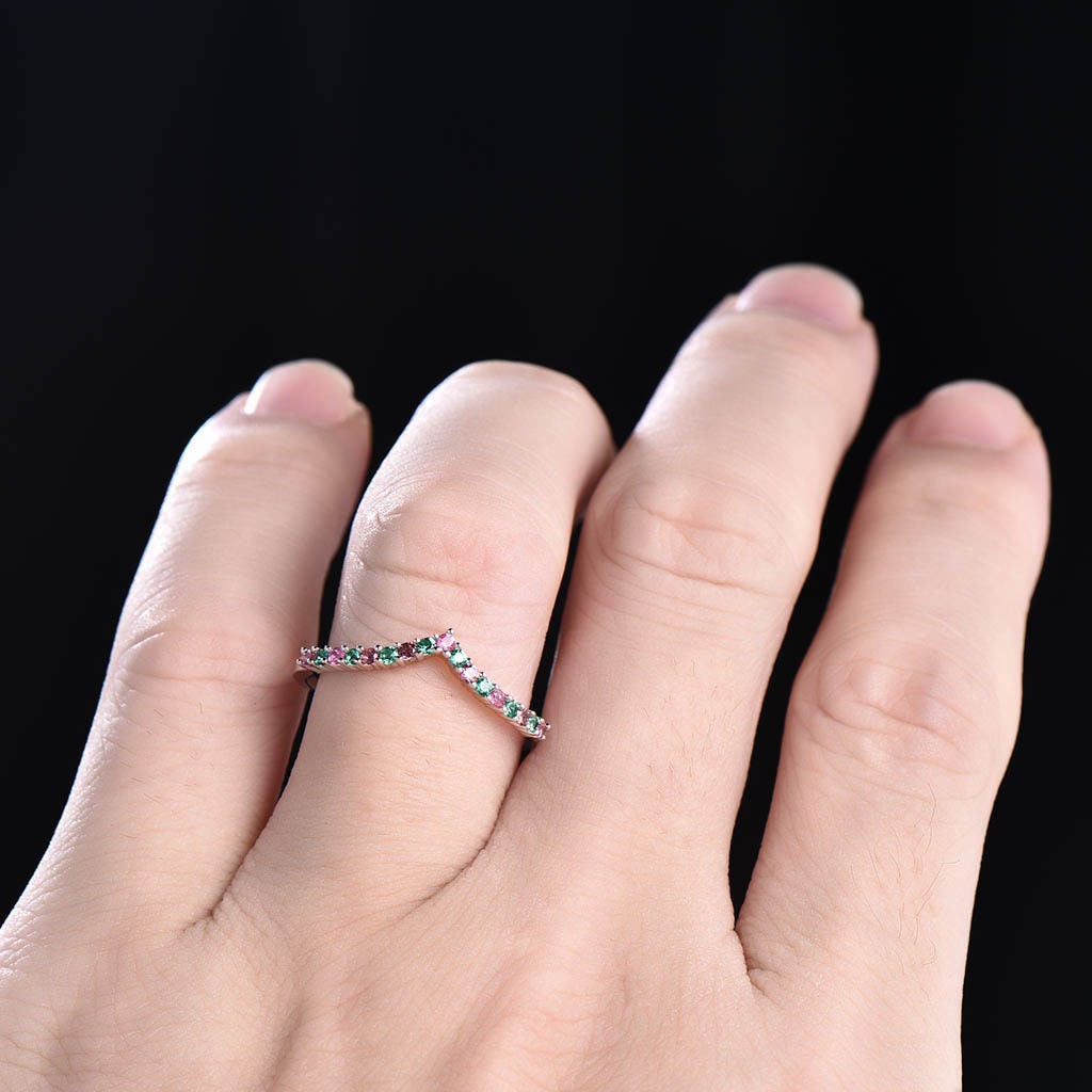 V curve stacking ring, emerald and tourmaline wedding band, dainty wedding ring, emerald wedding band, gemstone band, silver ring
