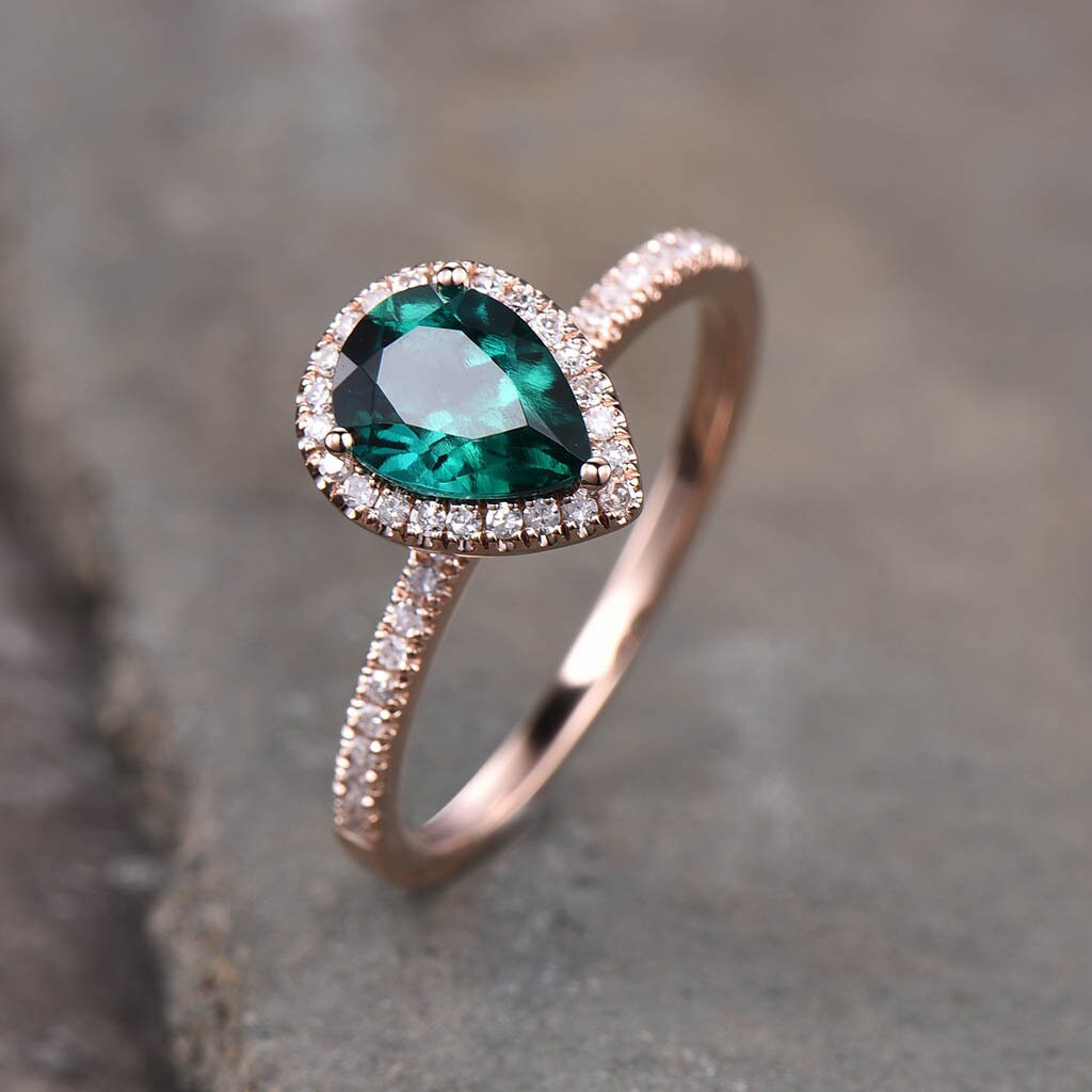 Emerald Ring, May Birthstone Ring, Pear Emerald Engagement Ring, Rose Gold Emerald Ring, Halo Ring, Promise Ring, Green Gemstone