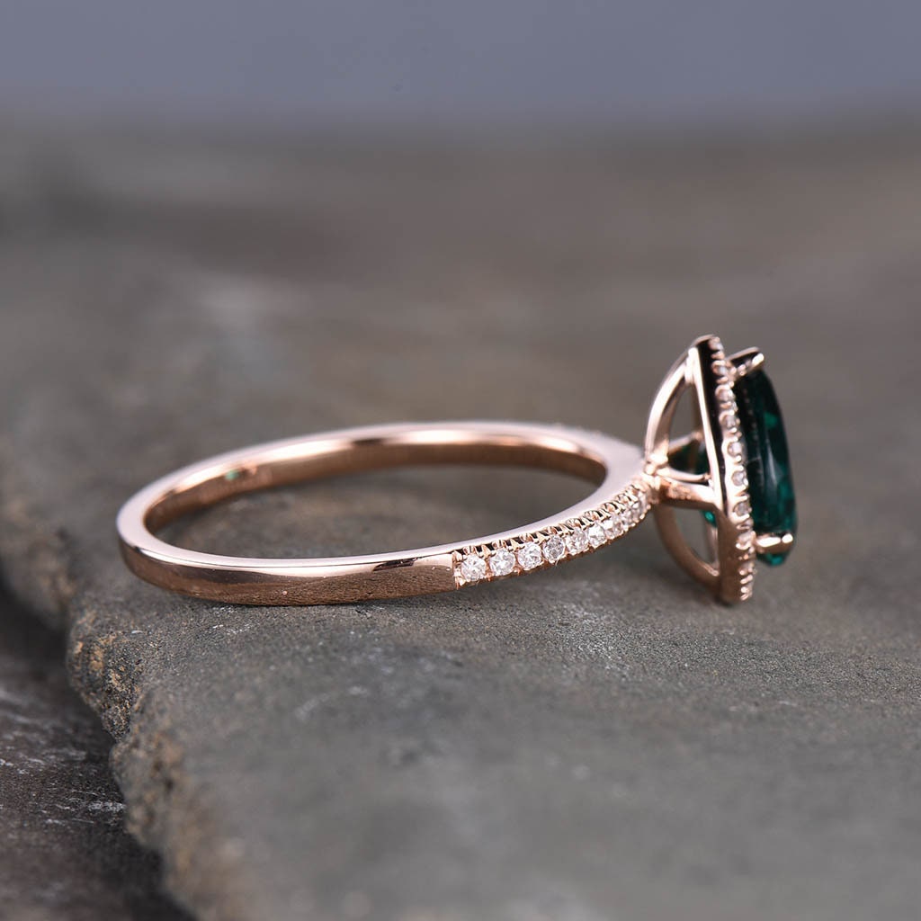 Emerald Ring, May Birthstone Ring, Pear Emerald Engagement Ring, Rose Gold Emerald Ring, Halo Ring, Promise Ring, Green Gemstone