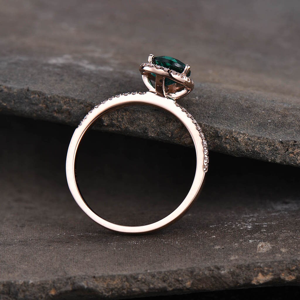 Emerald Ring, May Birthstone Ring, Pear Emerald Engagement Ring, Rose Gold Emerald Ring, Halo Ring, Promise Ring, Green Gemstone