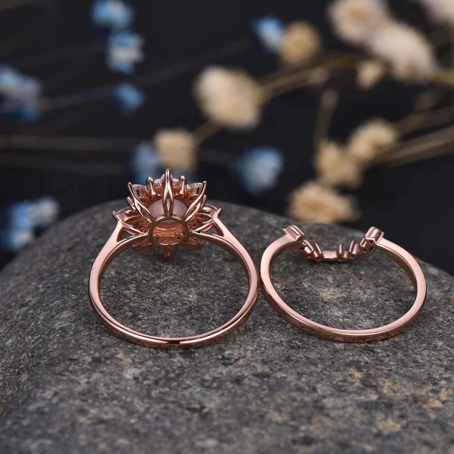 Unique Round cut Blue Sandstone Engagement Ring Women Antique Flower Diamond Halo Plain Gold Band Promise Bridal Anniversary Jewelry For Her
