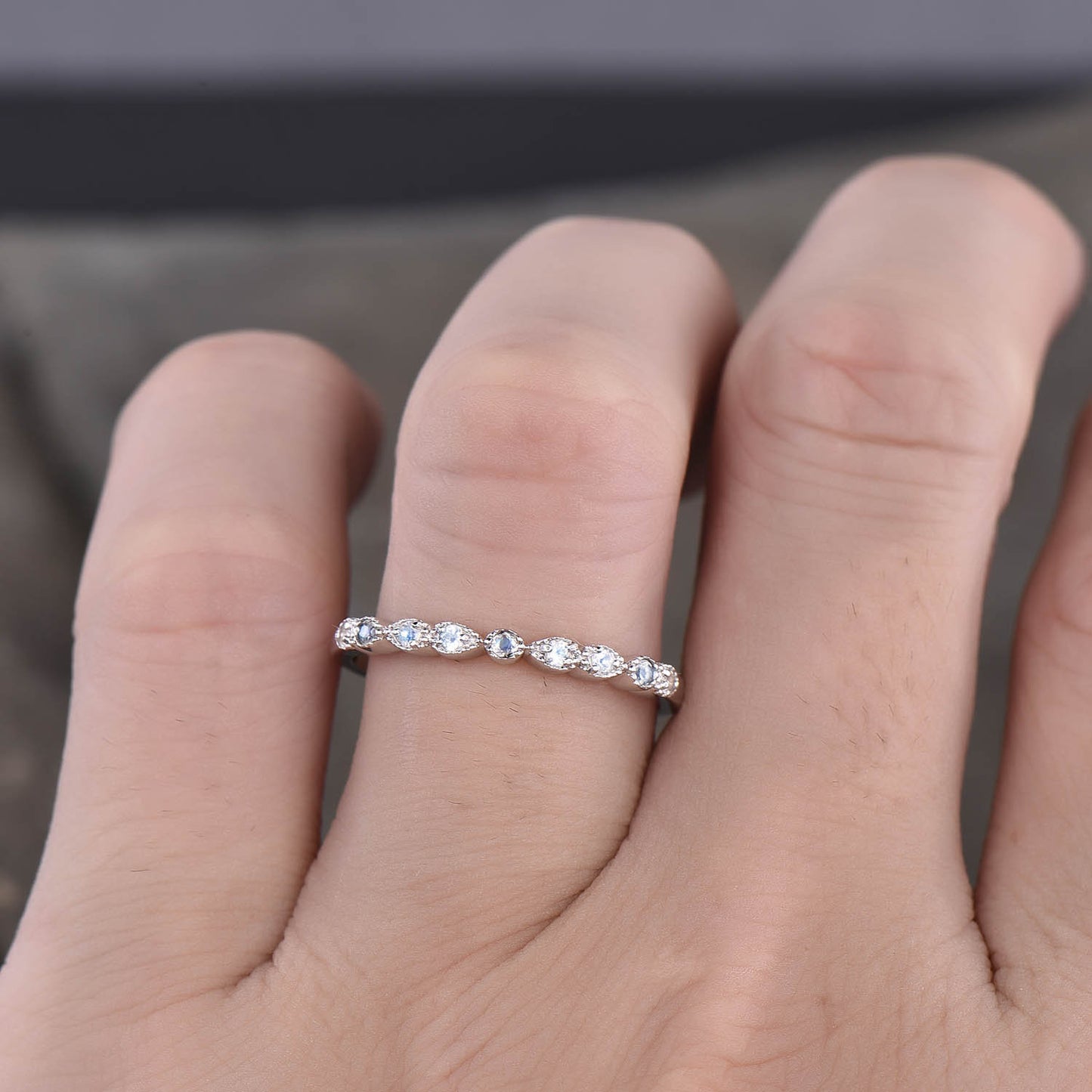 Dainty Moonstone Ring, Rainbow Moonstone Wedding Band, Genuine Gemstone, Stacking Ring, Delicate Ring Rose Gold, Half Eternity Band