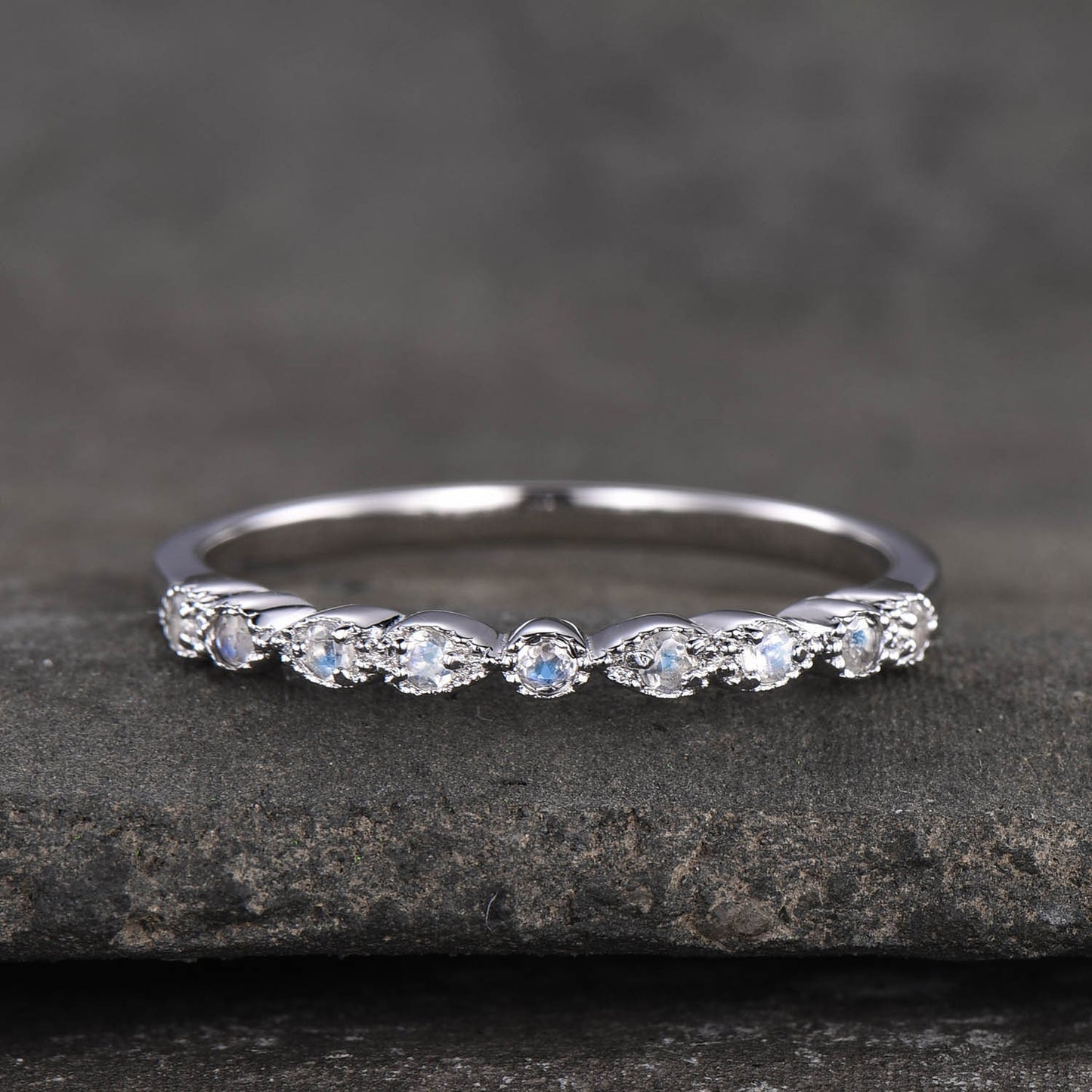 Dainty Moonstone Ring, Rainbow Moonstone Wedding Band, Genuine Gemstone, Stacking Ring, Delicate Ring Rose Gold, Half Eternity Band
