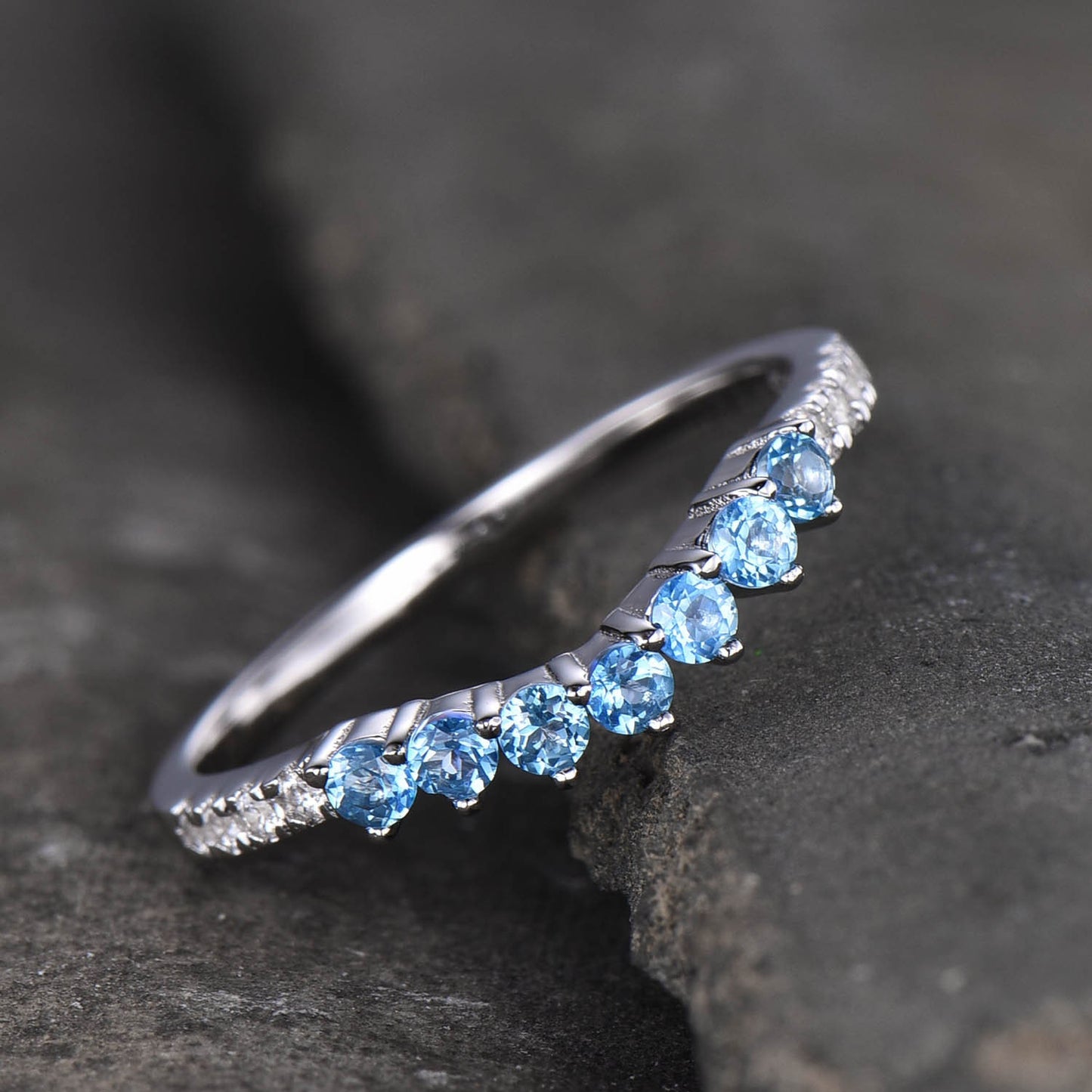 Blue topaz ring, wedding ring, Curved stacking ring, Matching band, Gemstone band, Silver ring, Stackable, December birthstone