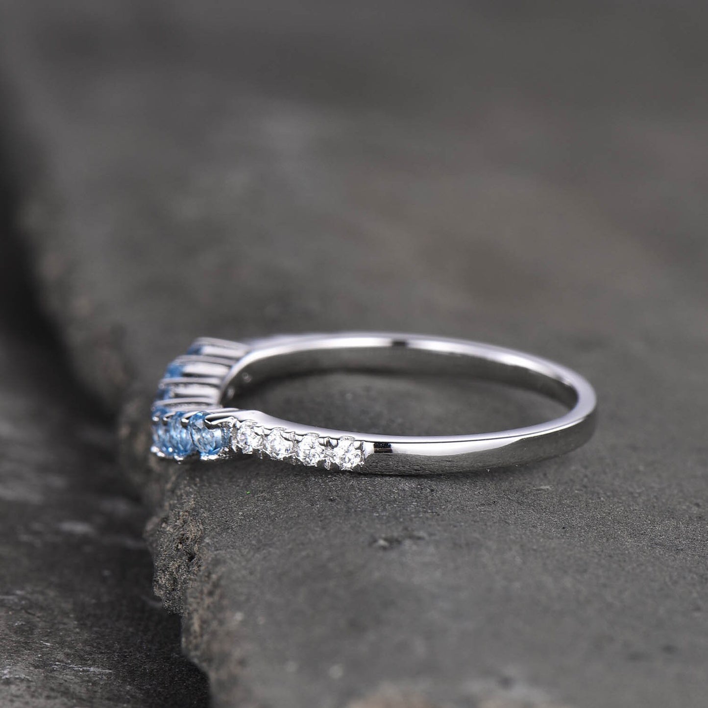 Blue topaz ring, wedding ring, Curved stacking ring, Matching band, Gemstone band, Silver ring, Stackable, December birthstone