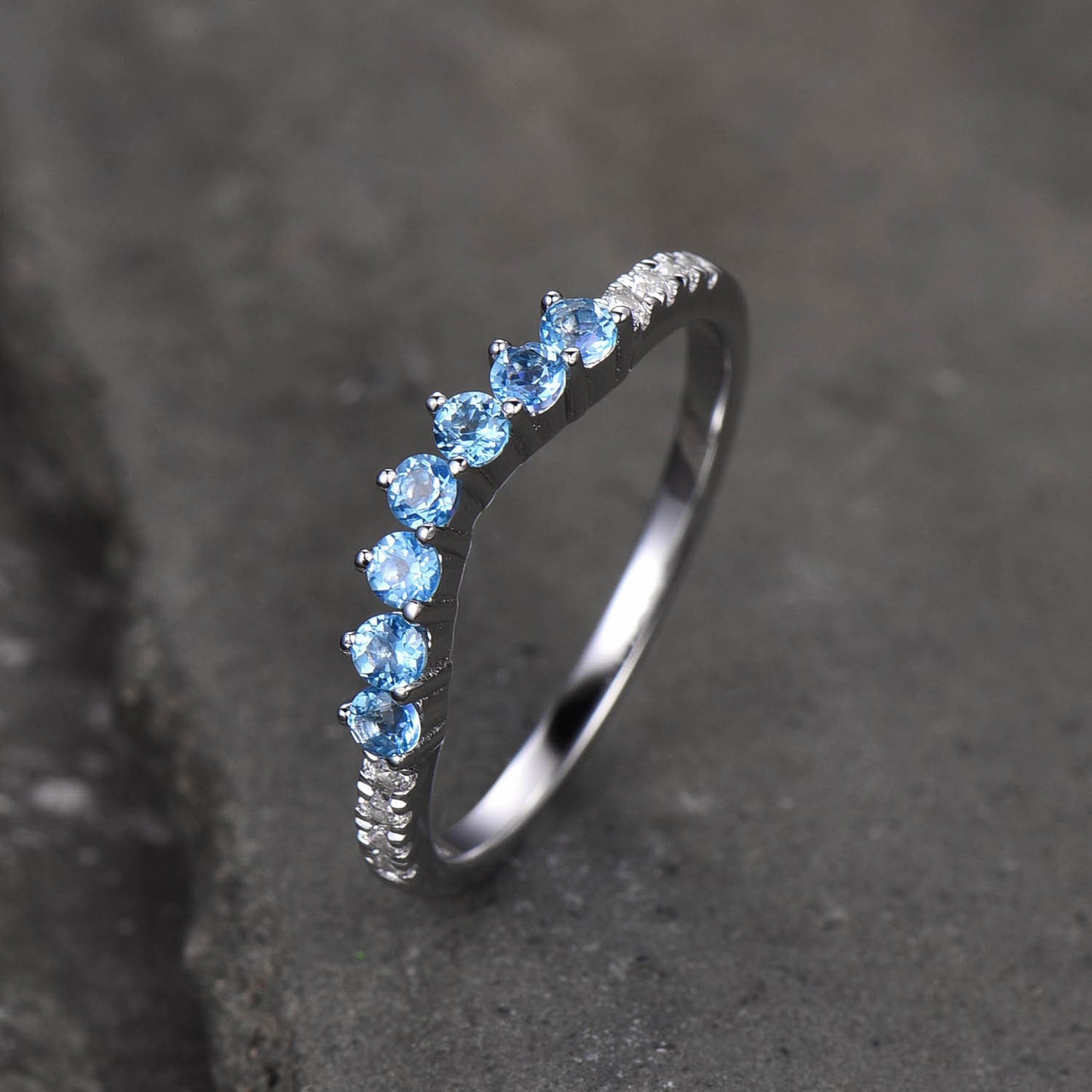 Blue topaz ring, wedding ring, Curved stacking ring, Matching band, Gemstone band, Silver ring, Stackable, December birthstone