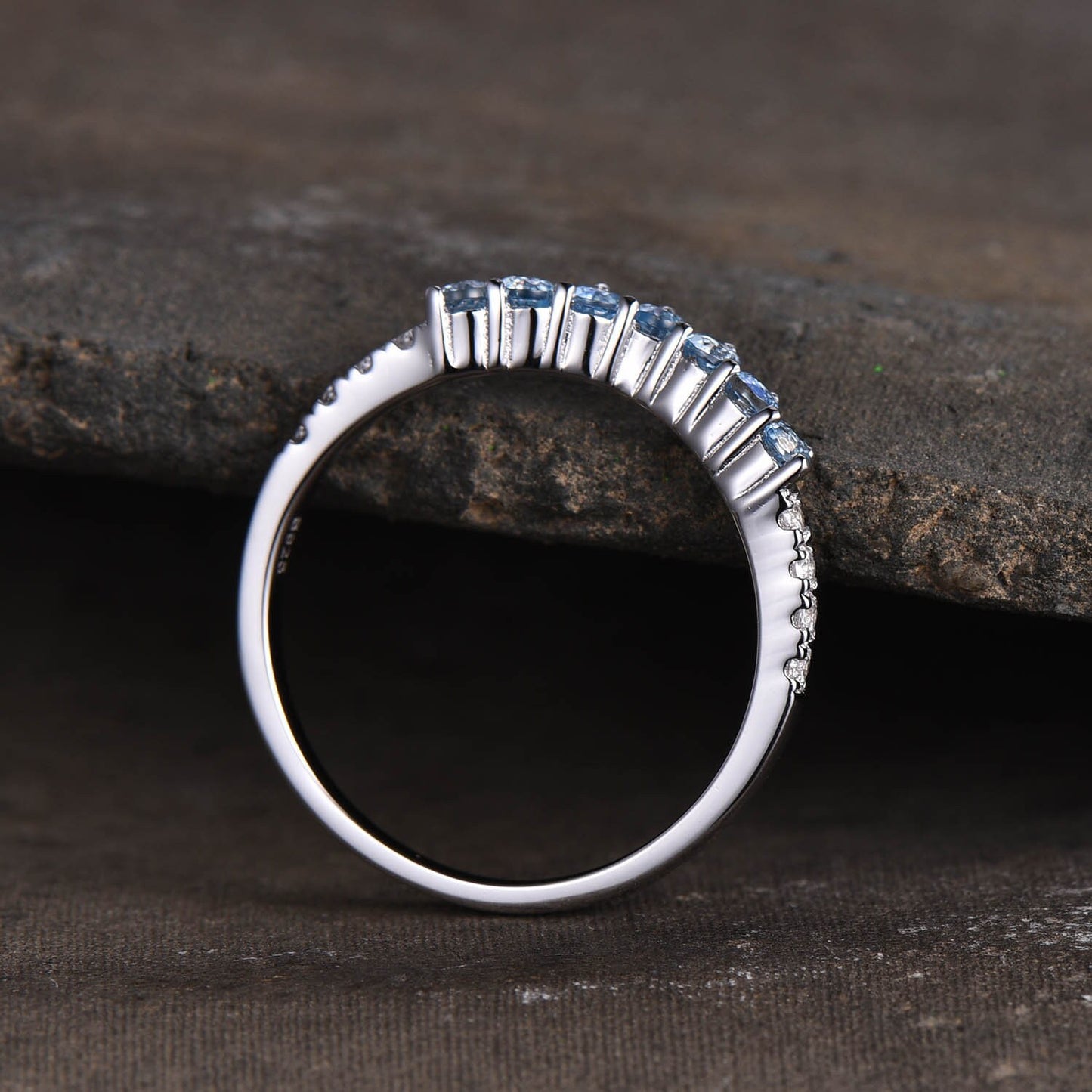 Blue topaz ring, wedding ring, Curved stacking ring, Matching band, Gemstone band, Silver ring, Stackable, December birthstone