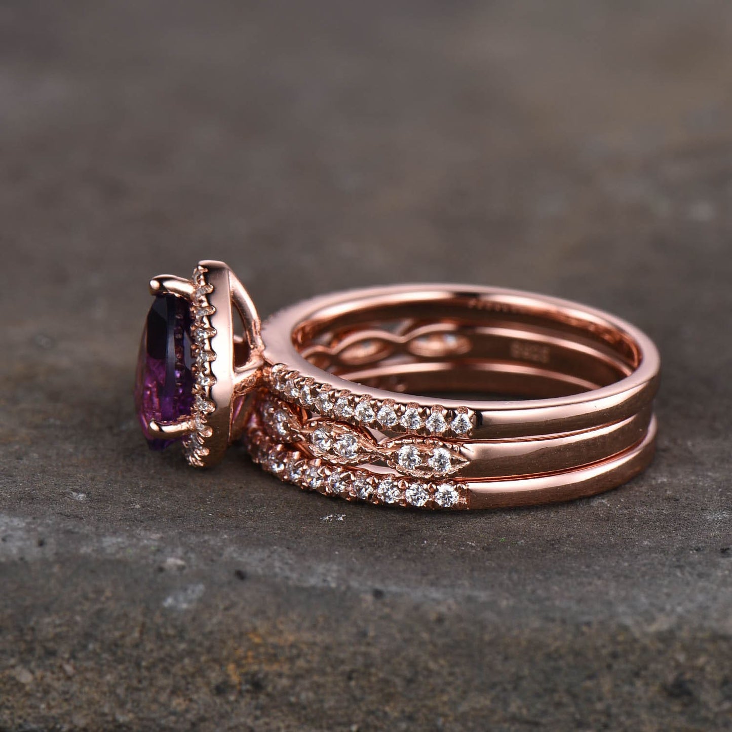 Amethyst Wedding Ring Set, Pear Amethyst Engagement Ring, Stacking Bands, February Birthstone Ring, Rose Gold Plated, Bridal Set