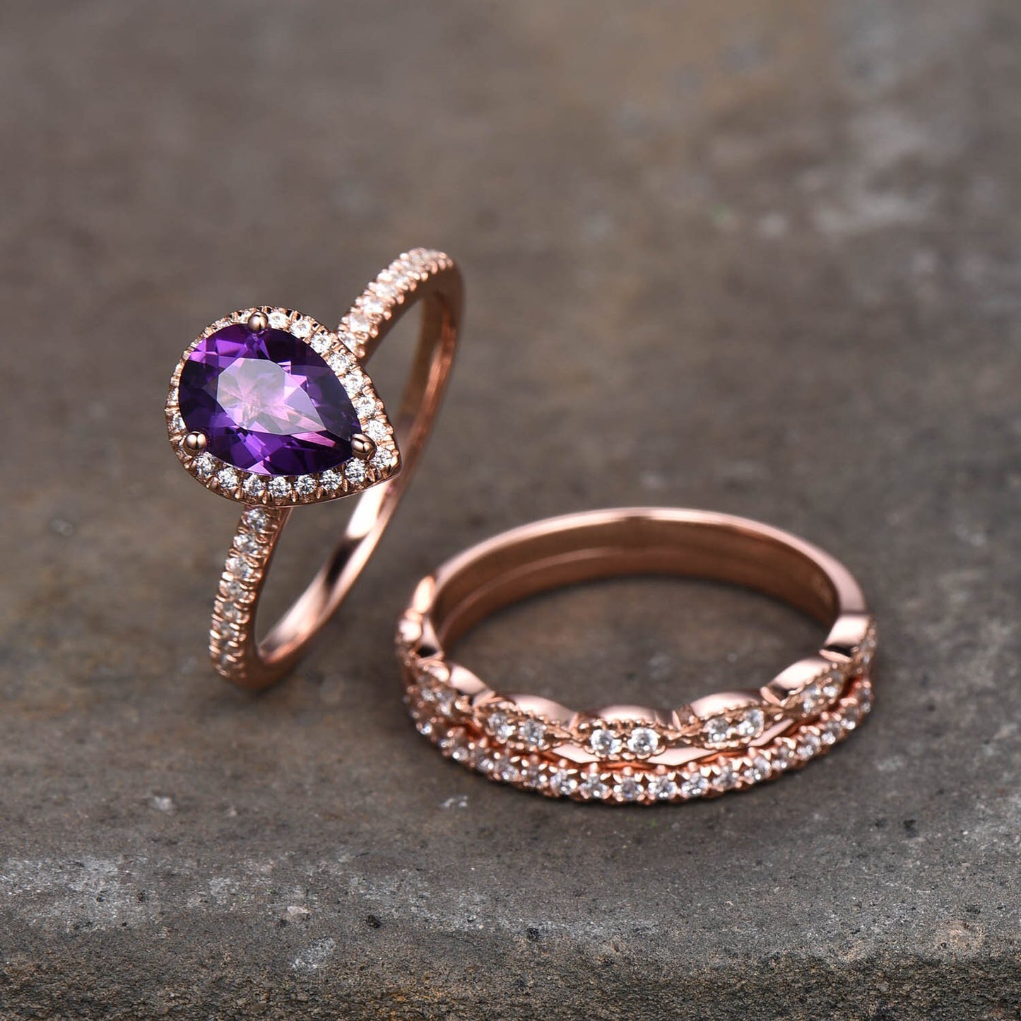 Amethyst Wedding Ring Set, Pear Amethyst Engagement Ring, Stacking Bands, February Birthstone Ring, Rose Gold Plated, Bridal Set