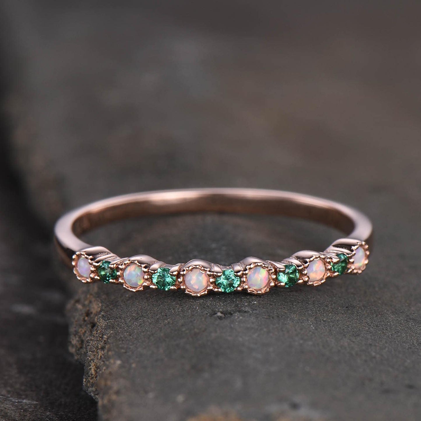 Emerald Opal Wedding Band Sterling Silver Emerald Wedding Ring Opal Band Art Deco Stacking Matching Band Anniversary Ring Gift for her
