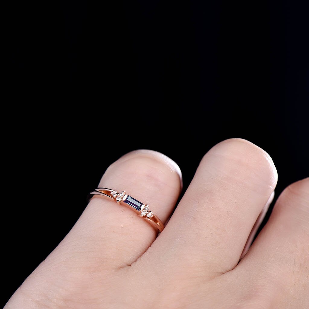 Baguette Alexandrite Ring, Alexandrite Wedding Ring, Rose Gold Wedding Band, Dainty Ring, June Birthstone Ring, Anniversary Gift