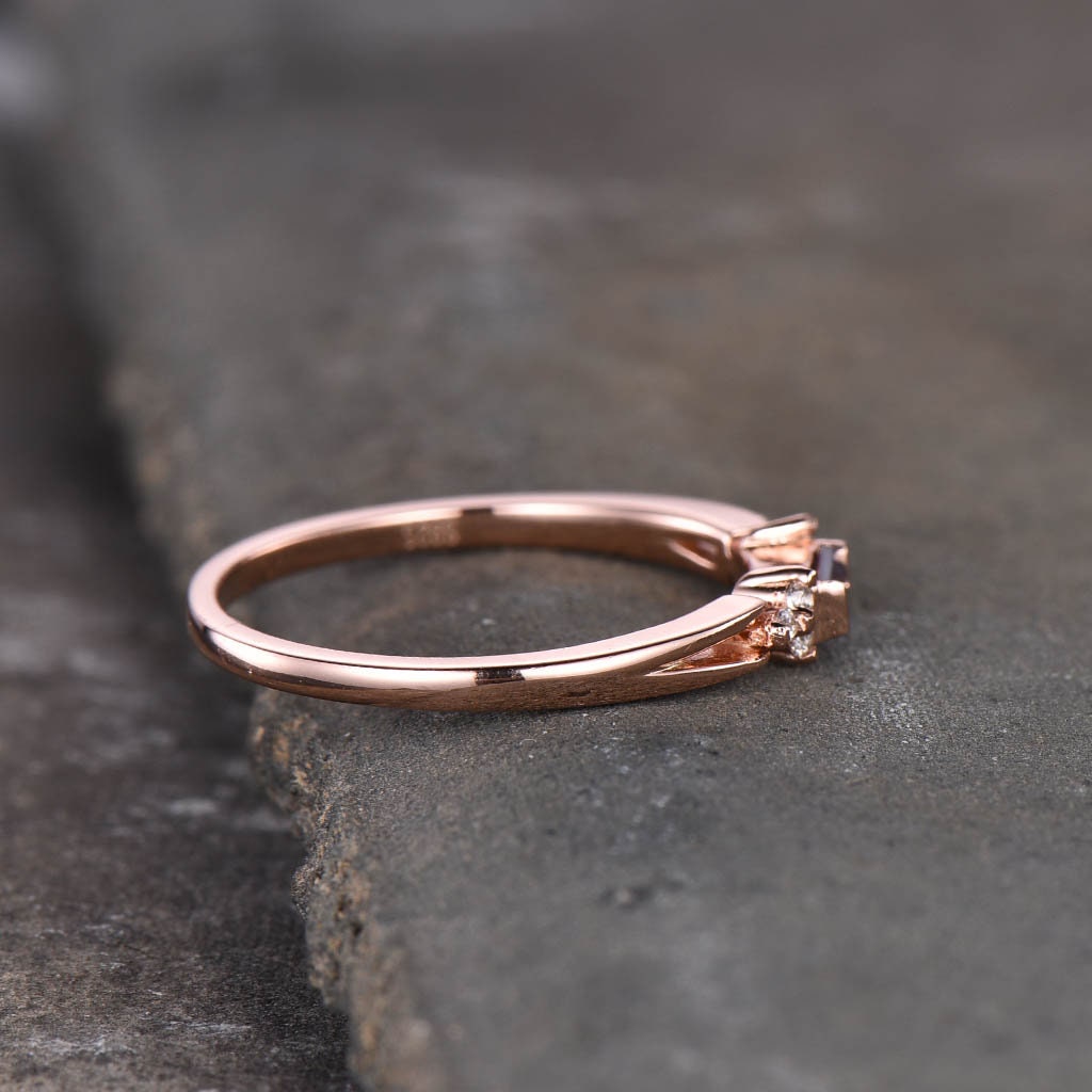 Baguette Alexandrite Ring, Alexandrite Wedding Ring, Rose Gold Wedding Band, Dainty Ring, June Birthstone Ring, Anniversary Gift