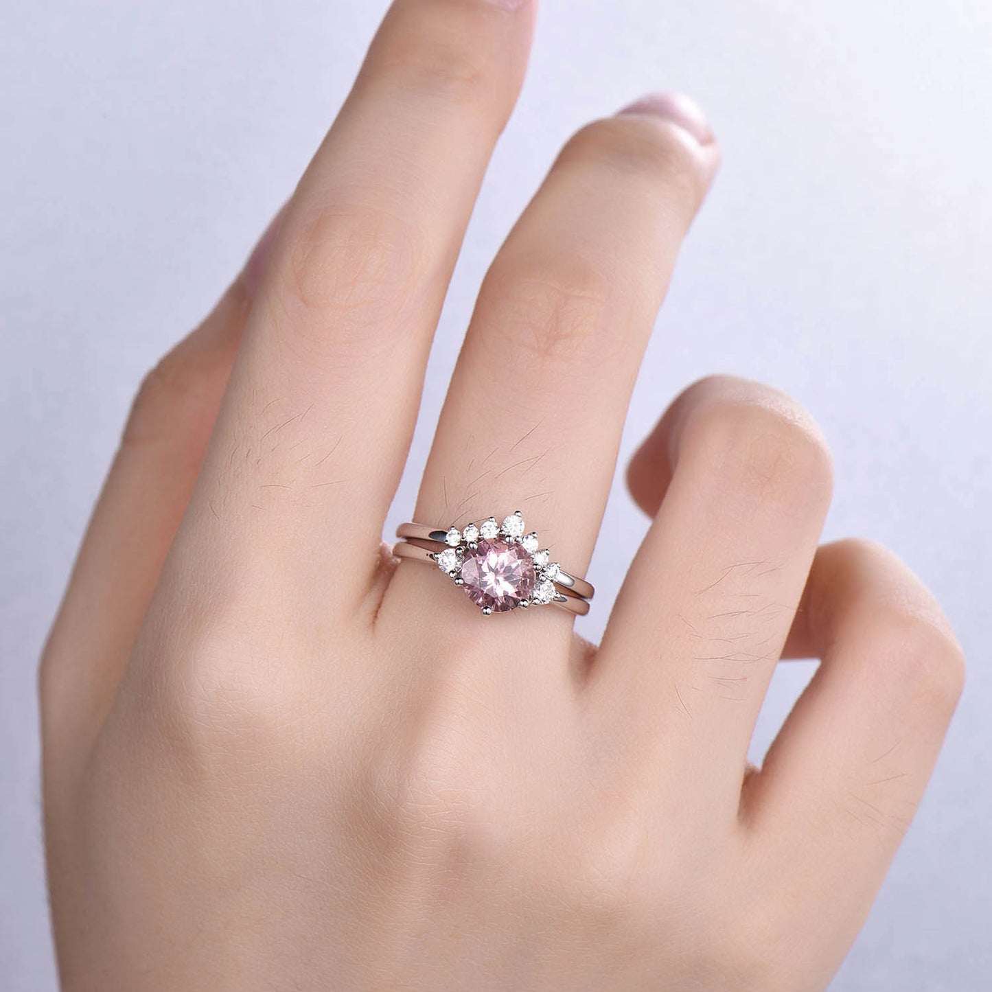 Morganite Engagement Ring Set Curved Crown Diamond/Moissanite Matching Band For Women White Gold Wedding Promise Anniversary Jewelry