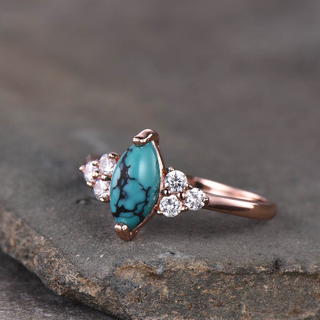 Turquoise Ring, Marquise Cut Turquoise Engagement Ring, Rose Gold Turquosie Ring, Wedding Ring, December Birthstone, Promise Ring