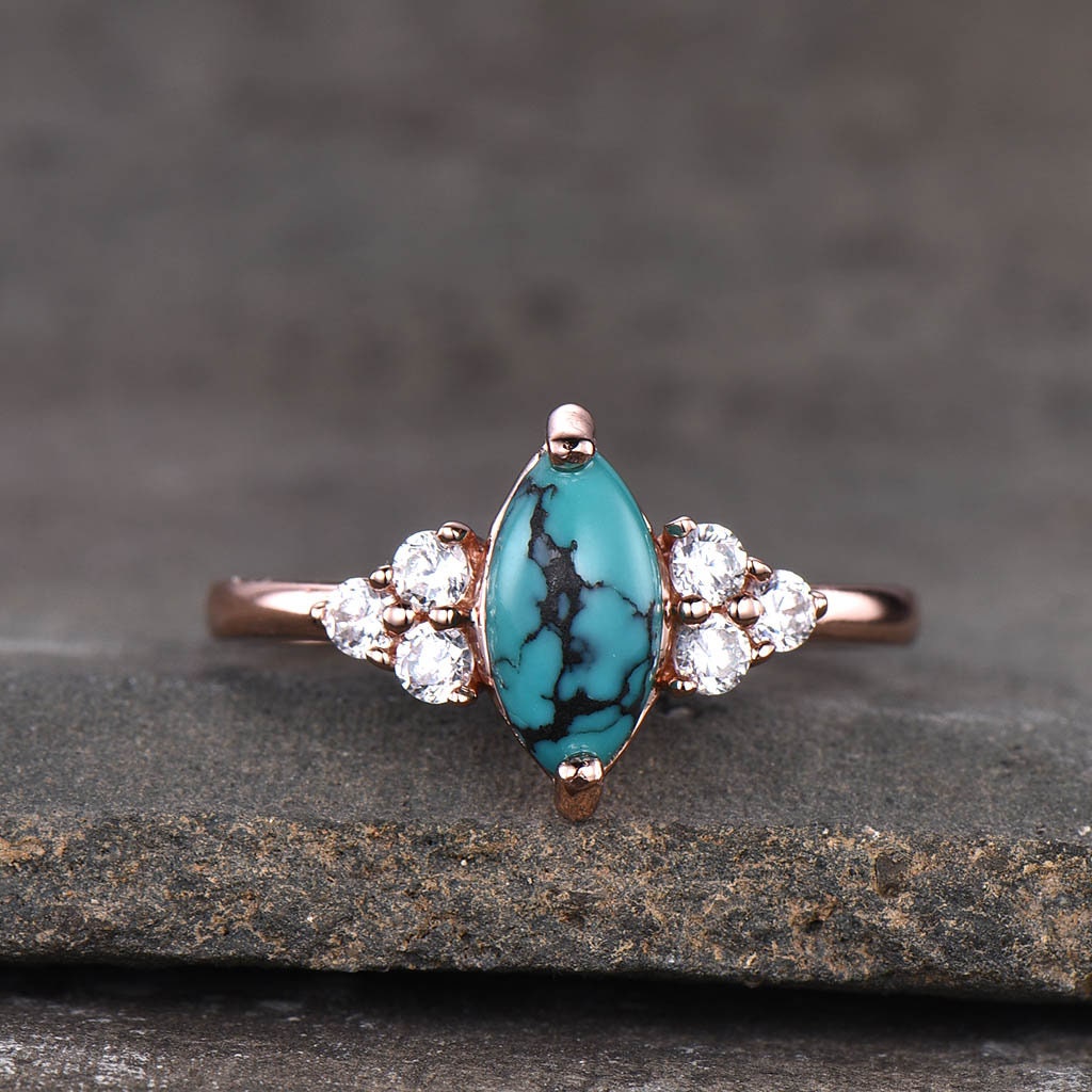 Turquoise Ring, Marquise Cut Turquoise Engagement Ring, Rose Gold Turquosie Ring, Wedding Ring, December Birthstone, Promise Ring