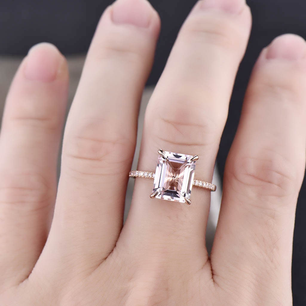 Rose Gold Morganite Ring, Emerald Cut Solitaire Morganite Engagement Ring, Wedding Ring, Statement Ring, Peach Morganite, Promise Ring