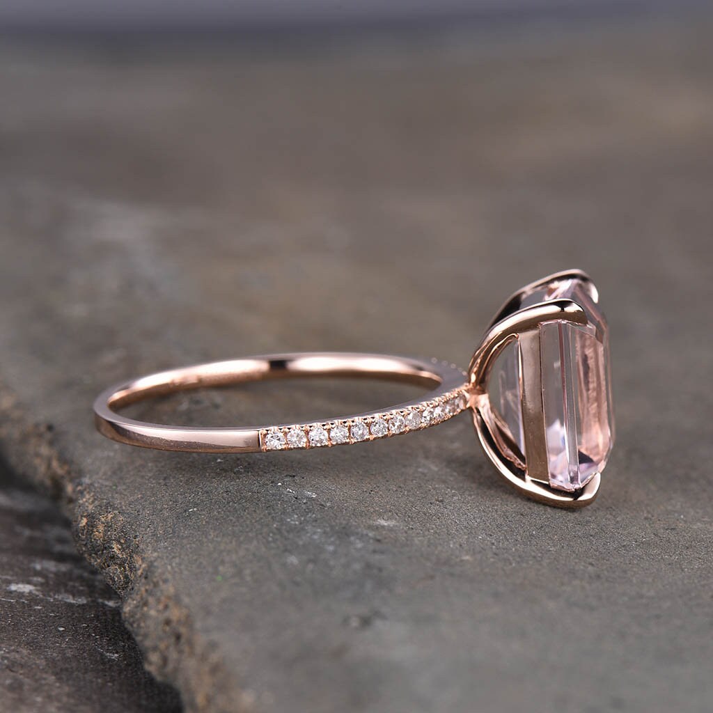 Rose Gold Morganite Ring, Emerald Cut Solitaire Morganite Engagement Ring, Wedding Ring, Statement Ring, Peach Morganite, Promise Ring
