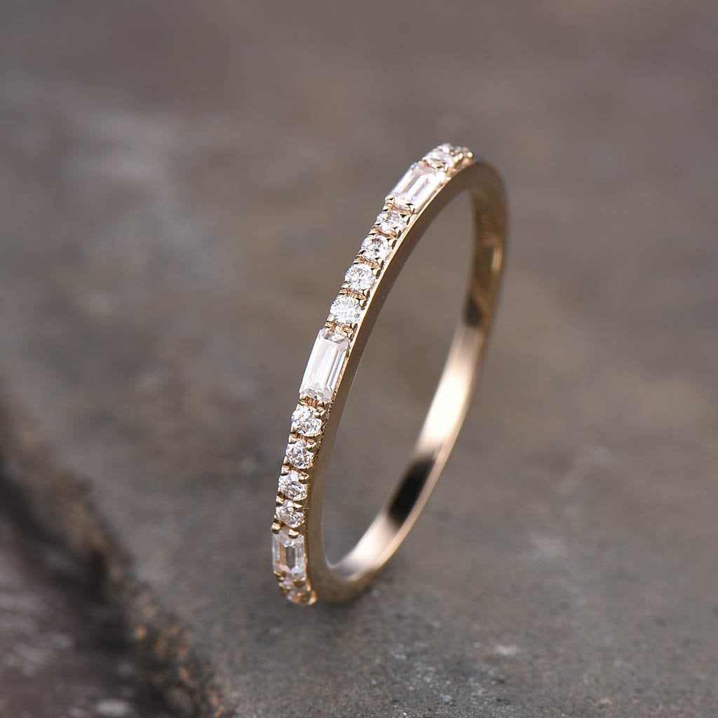 Dainty CZ Cubic Zirconia Minimalist Band Yellow Gold 1.5mm Pave Band Half Eternity Band Stacking Ring Bridal Wedding Band Silver Ring