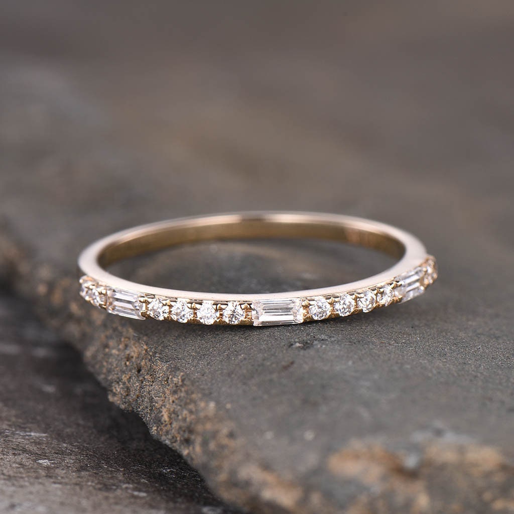 Dainty CZ Cubic Zirconia Minimalist Band Yellow Gold 1.5mm Pave Band Half Eternity Band Stacking Ring Bridal Wedding Band Silver Ring