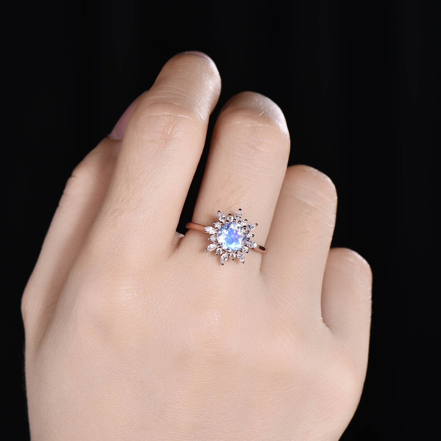 Moonstone Engagement Ring Women Diamond Ring Rose Plain Gold Band Vintage Floral Promise Bridal Jewelry Diamond/Moissanite Halo
